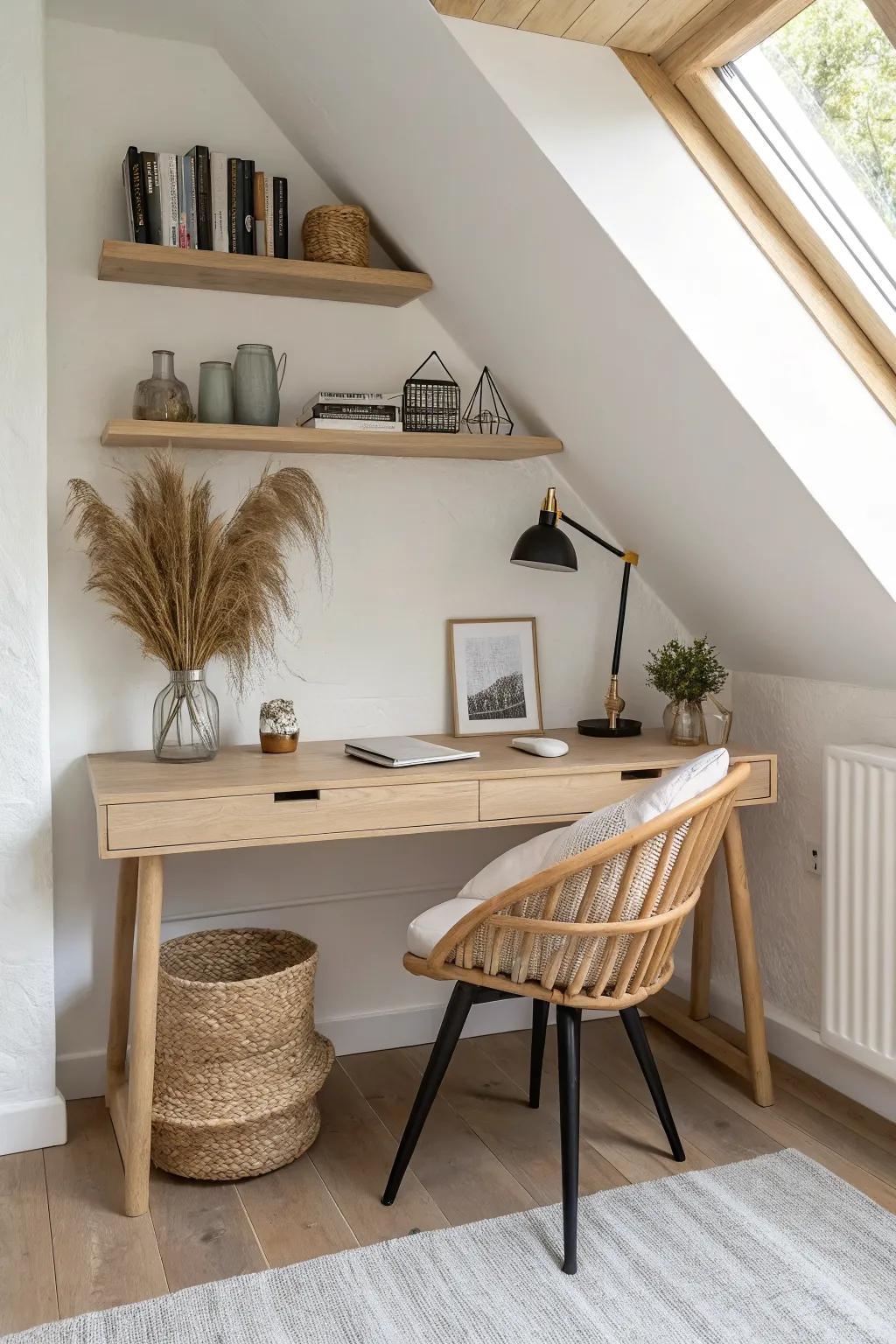 Gable-end desk nook + floating shelves: airy attic workspace with storage, no lost floor space.