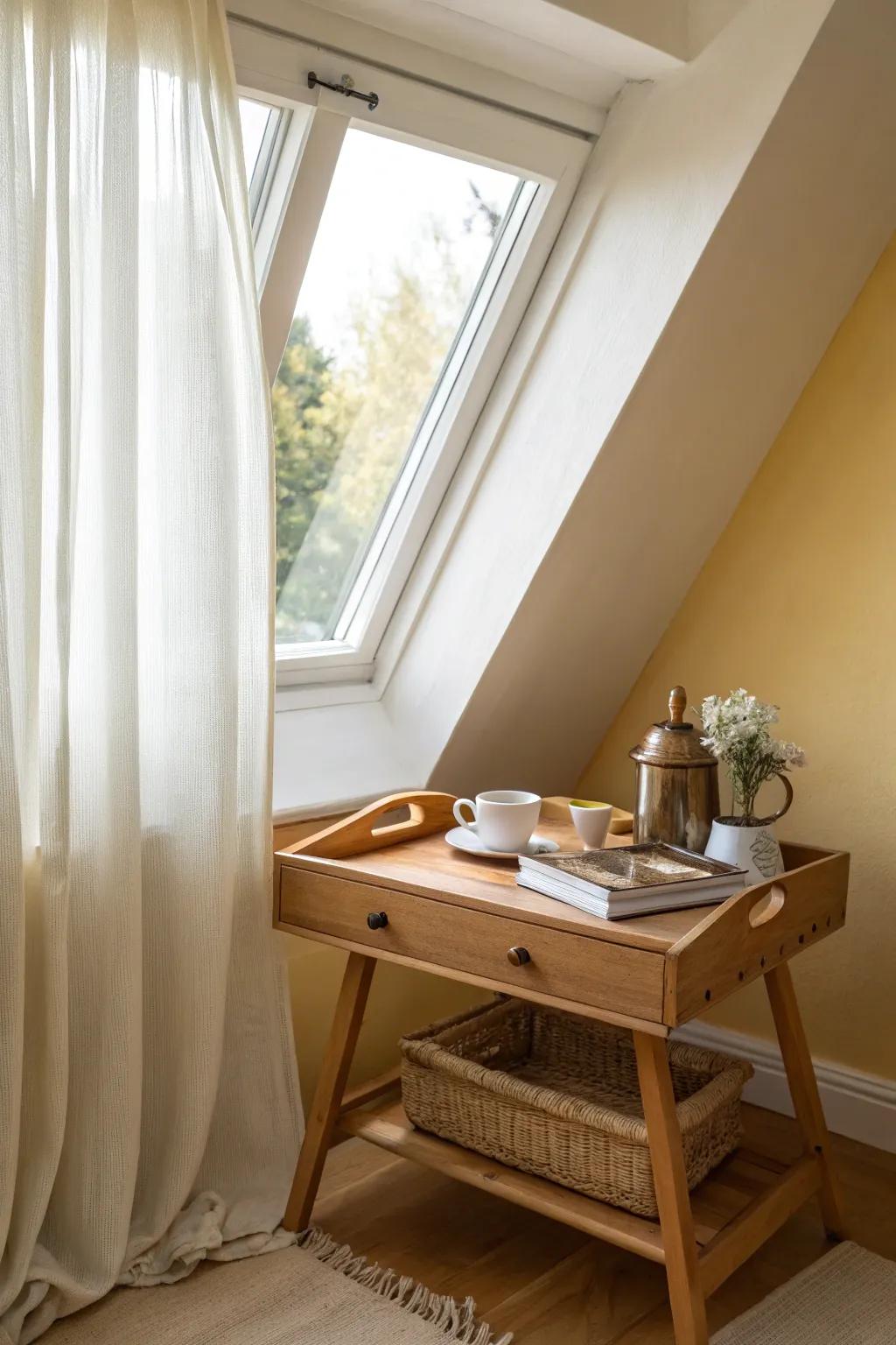 Turn a dormer bump-out into a cozy café nook with sheer curtains and warm light.
