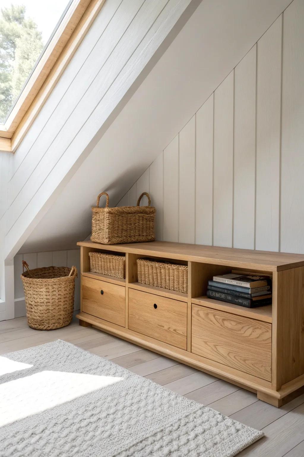 Low oak shelves that hug sloped attic eaves—turning wasted triangles into calm, tidy storage.