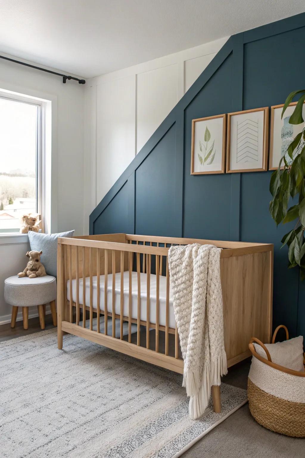 One bold accent wall + a simple oak crib keeps a tiny baby boy nursery airy and styled.