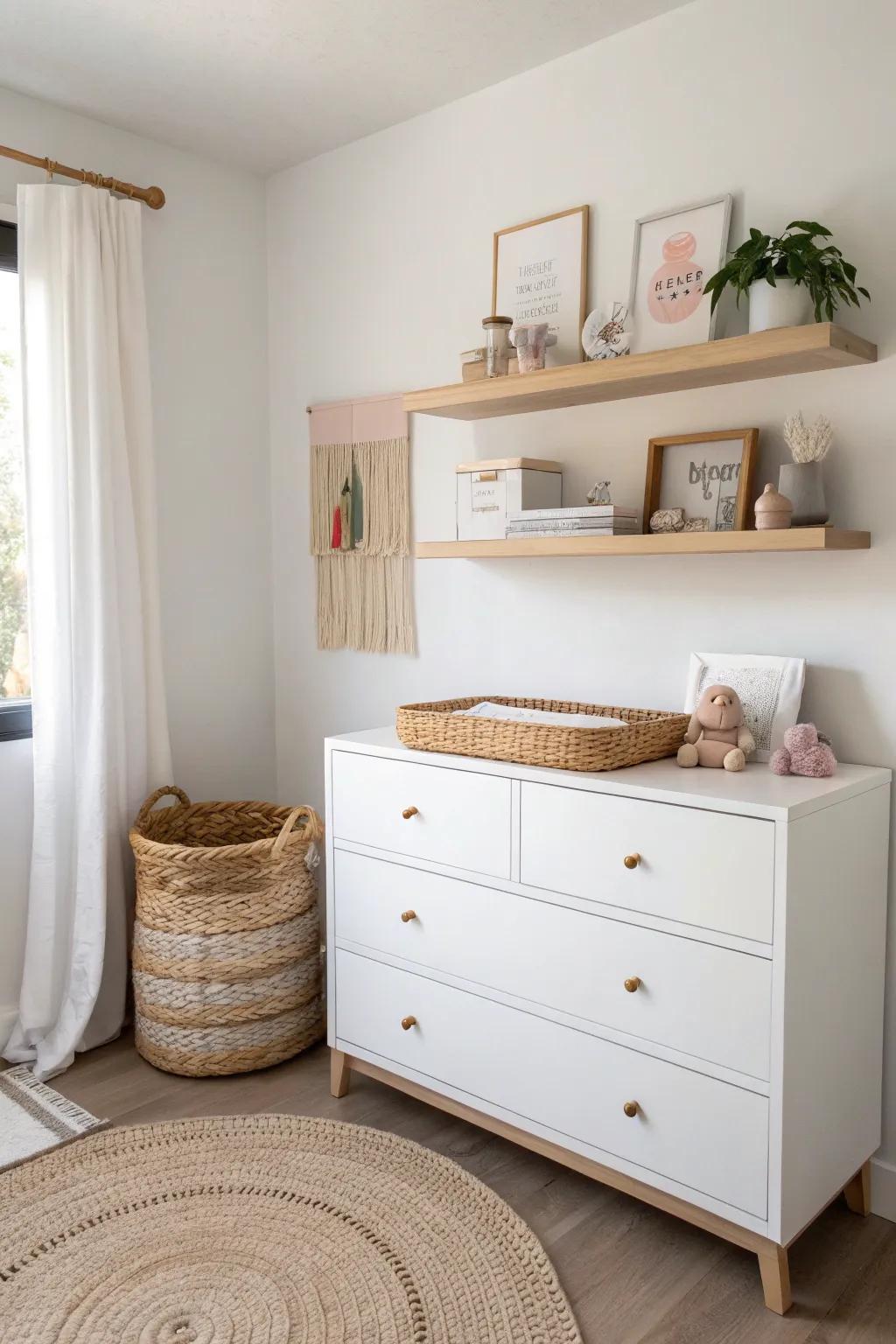 Wall shelves over the dresser: vertical storage that keeps a small baby girl nursery calm and clear.