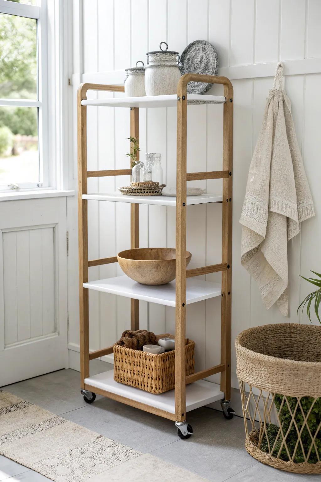 A rolling baker’s rack that glides in and out—instant extra prep space for tiny kitchens.