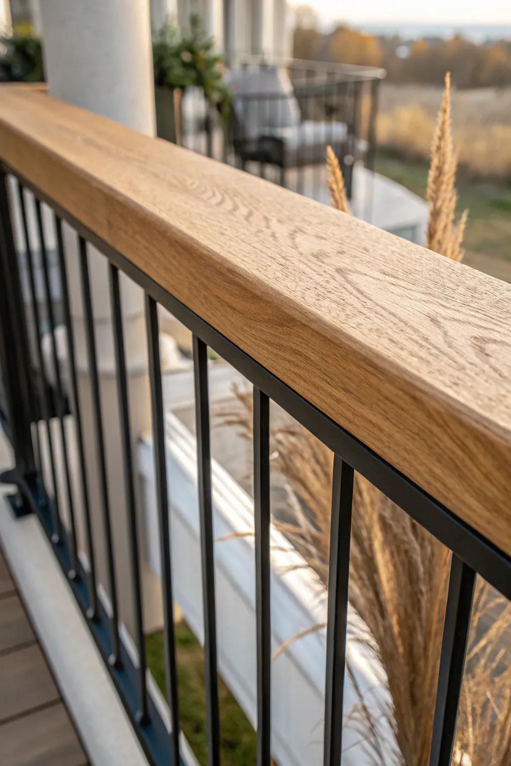 Warm wood top rail + matte black metal balusters: a modern, cozy balcony fence contrast.