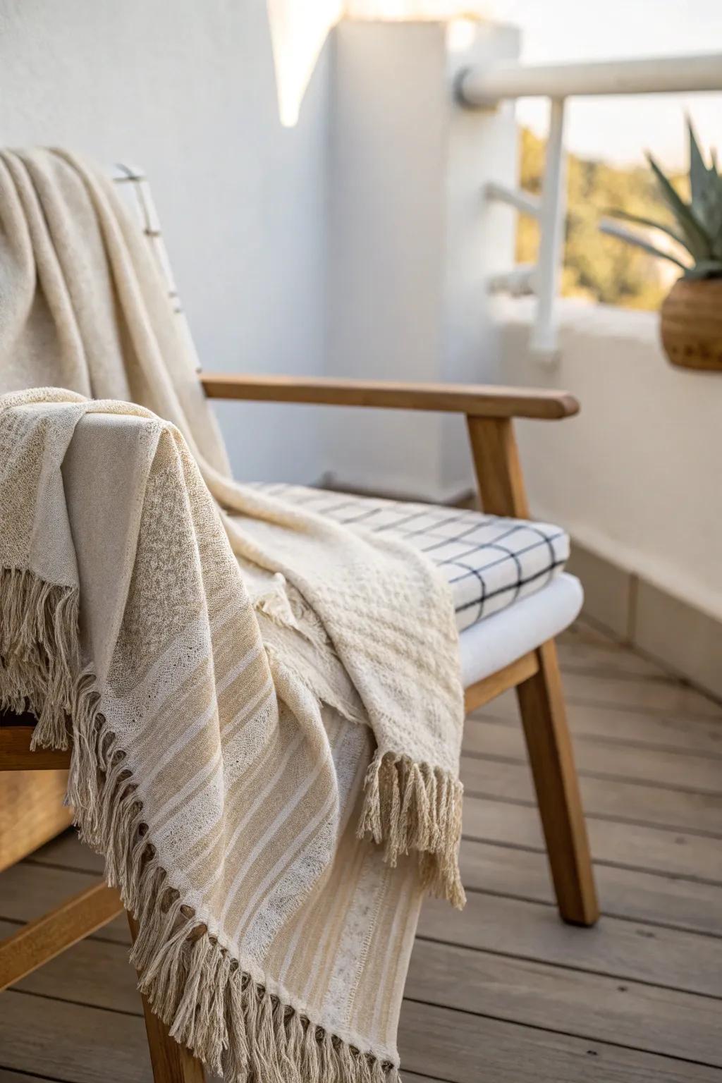 Layer a cozy throw for an outdoor living-room feel—neutral tones make any balcony look styled.