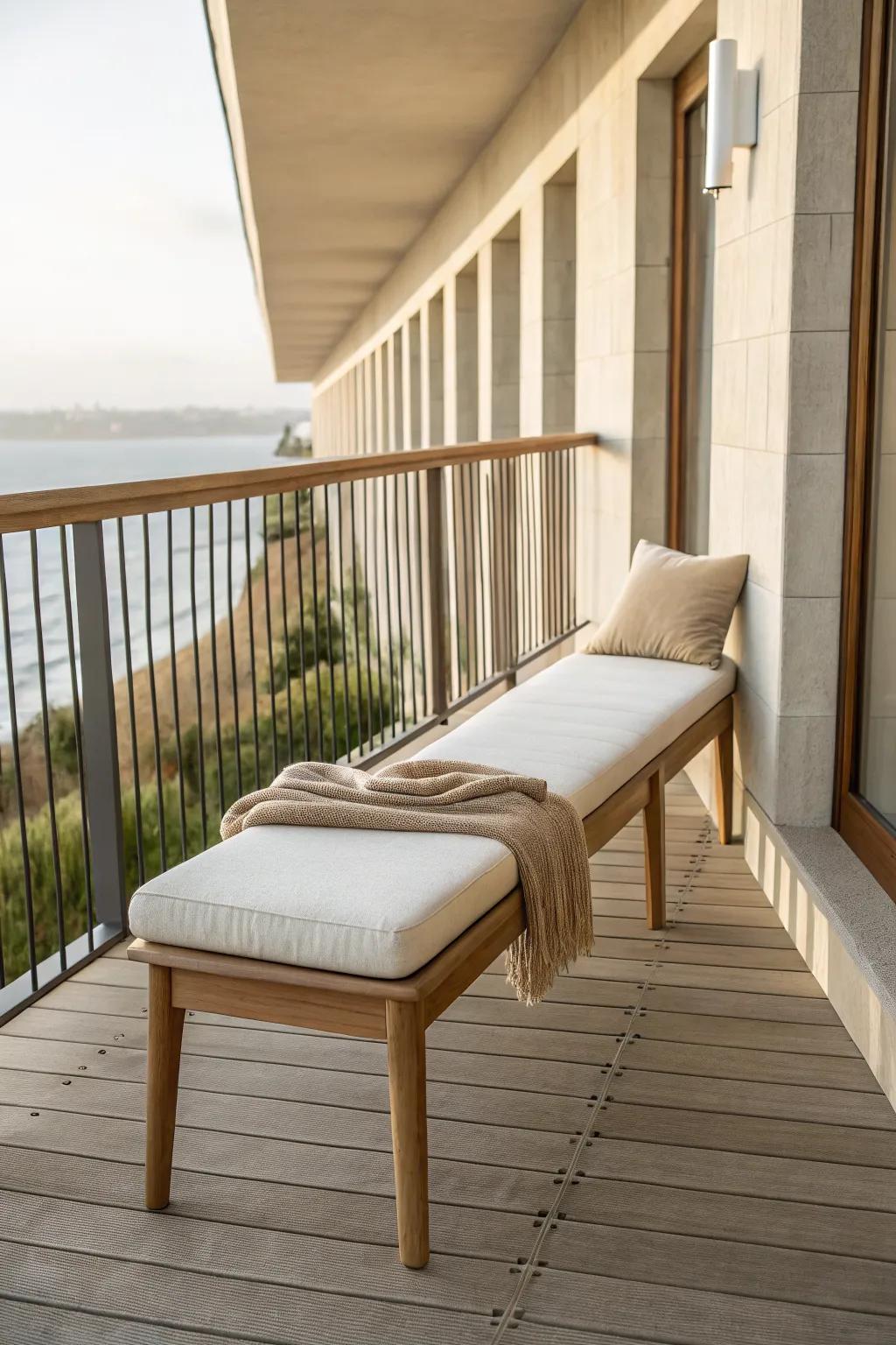 A slim bench along the railing adds comfy seating while keeping a narrow balcony walkway open.