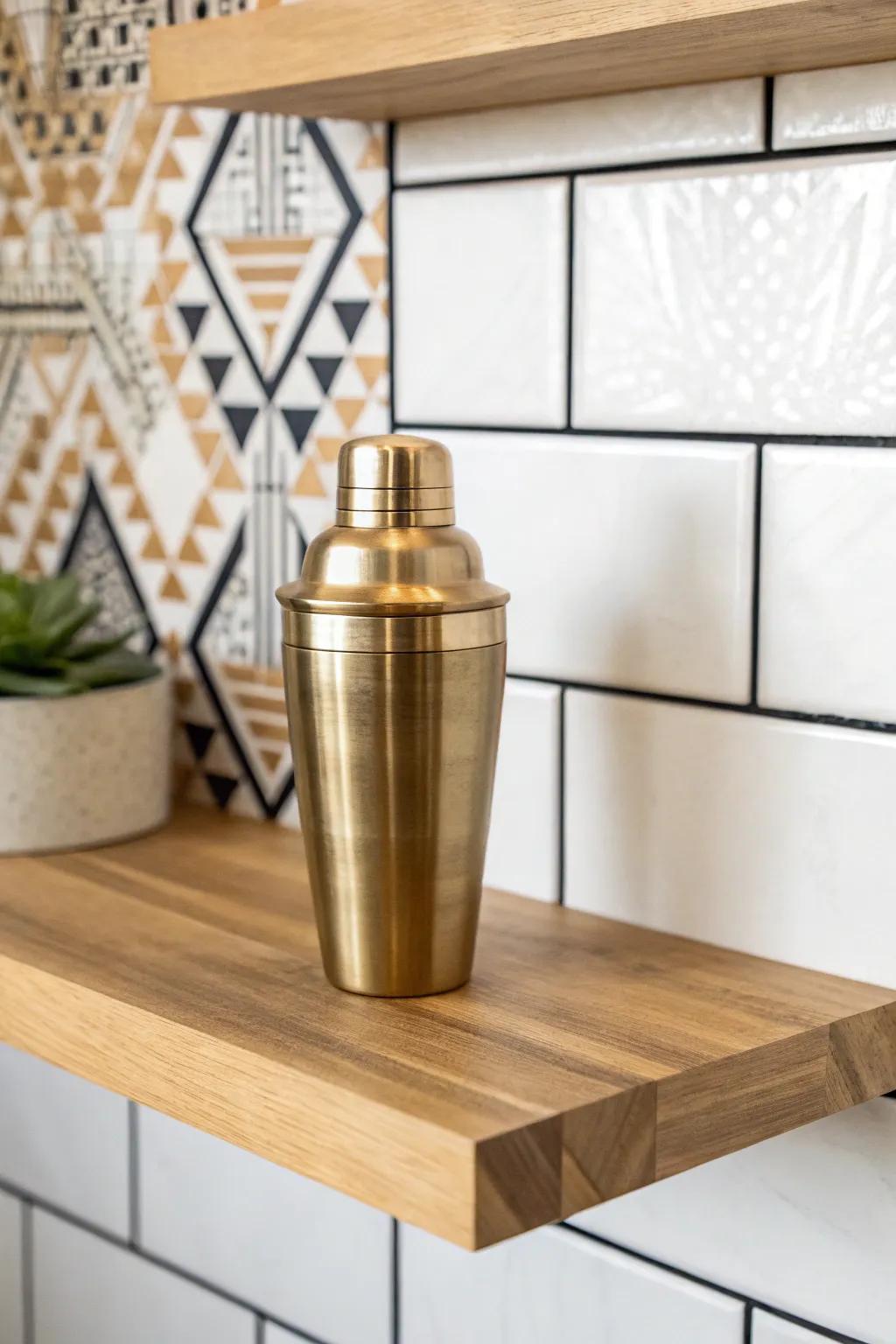 Peel‑and‑stick statement tile makes a tiny bar nook feel custom and high‑end—no renovation.