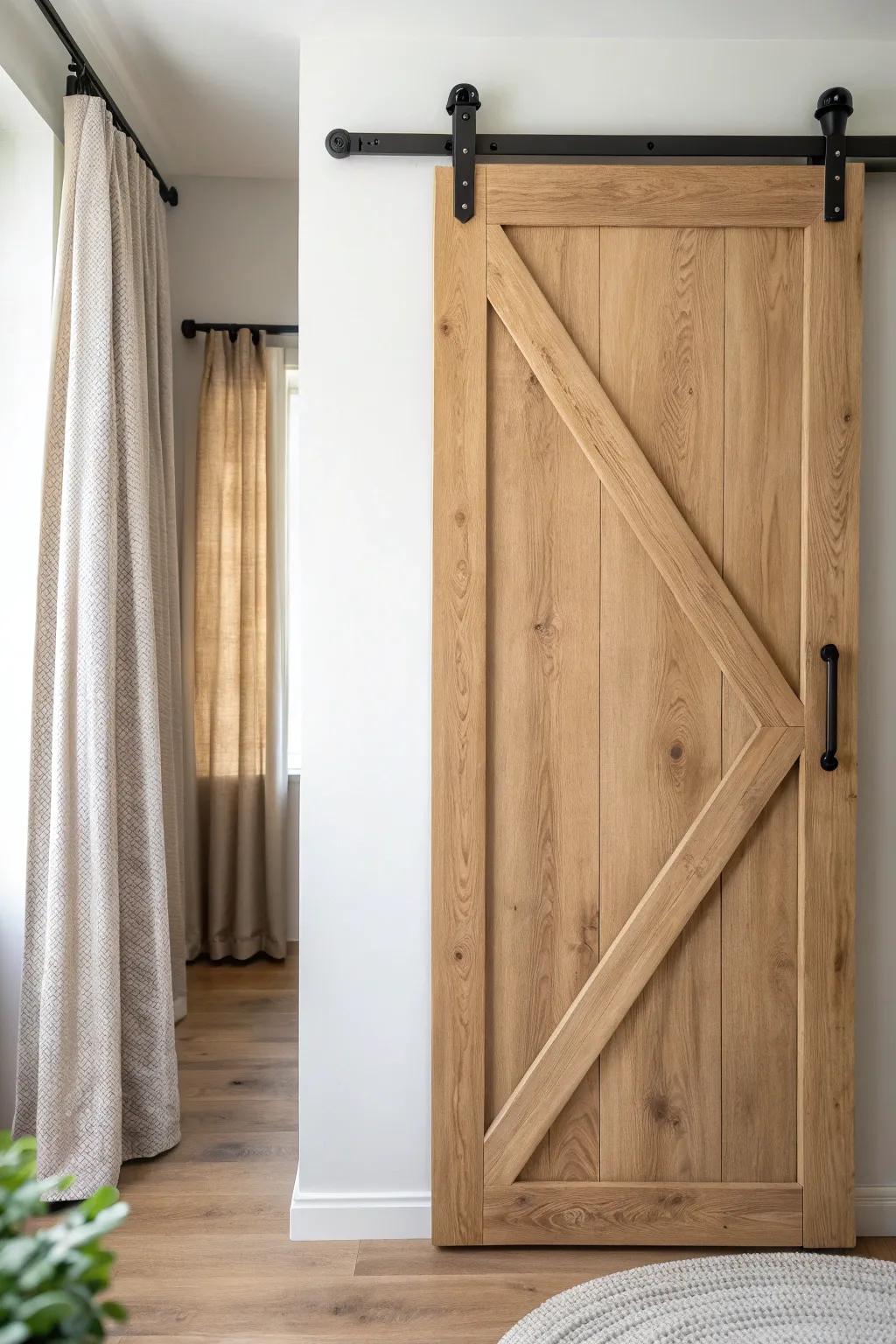 Handcrafted X-brace barn door adds farmhouse texture—perfect for a chic small-space closet.