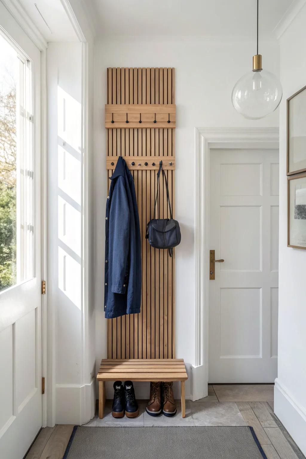 A slim oak hook wall keeps catcher’s gear off the floor—ideal for tight closets and hallways.