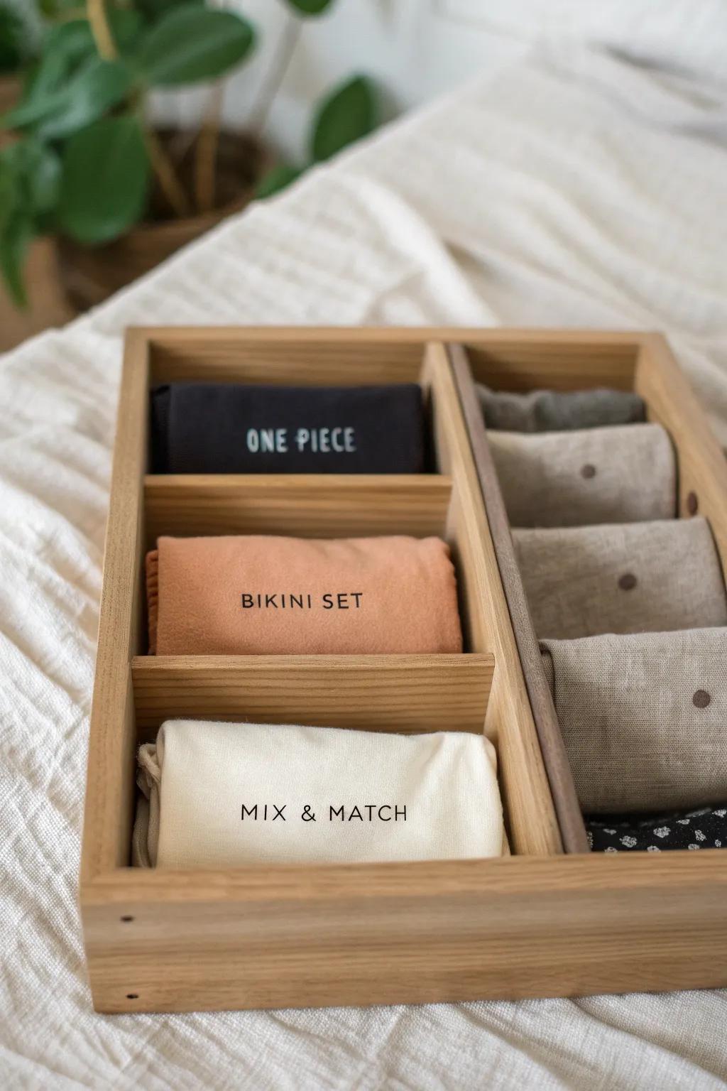 A labeled drawer tray makes suits feel boutique-perfect: one-piece, bikini set, and mix & match.