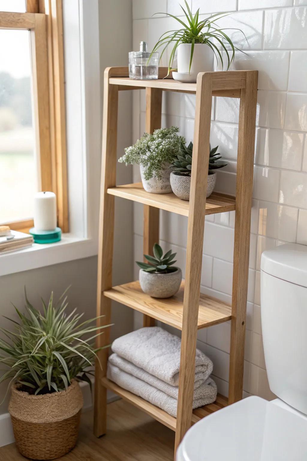 Over-the-toilet shelf styling: airy air-plant clusters on open stands for a mini jungle.
