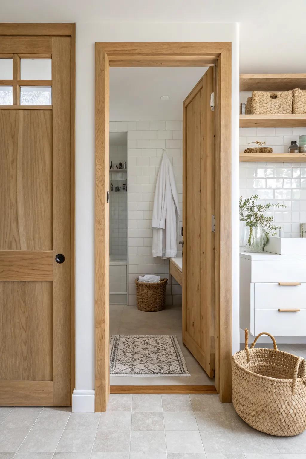 A wide, doorless cased opening keeps the closet dry and creates an airy, suite-like vibe.