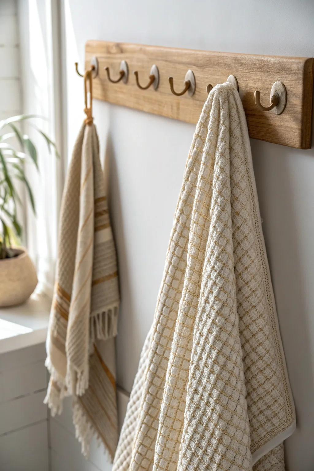 Swap towel bars for slim peg-rail hooks—more wall space, faster drying, cleaner look.