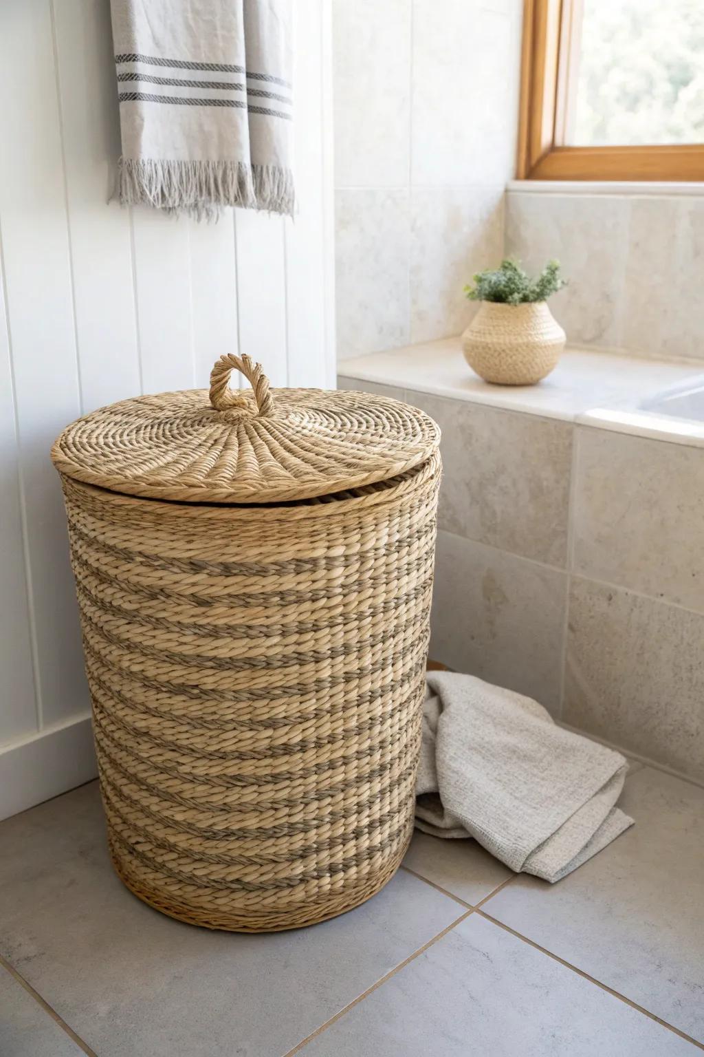 A lidded woven basket keeps tiny bathrooms calm, cozy, and clutter-free in seconds.