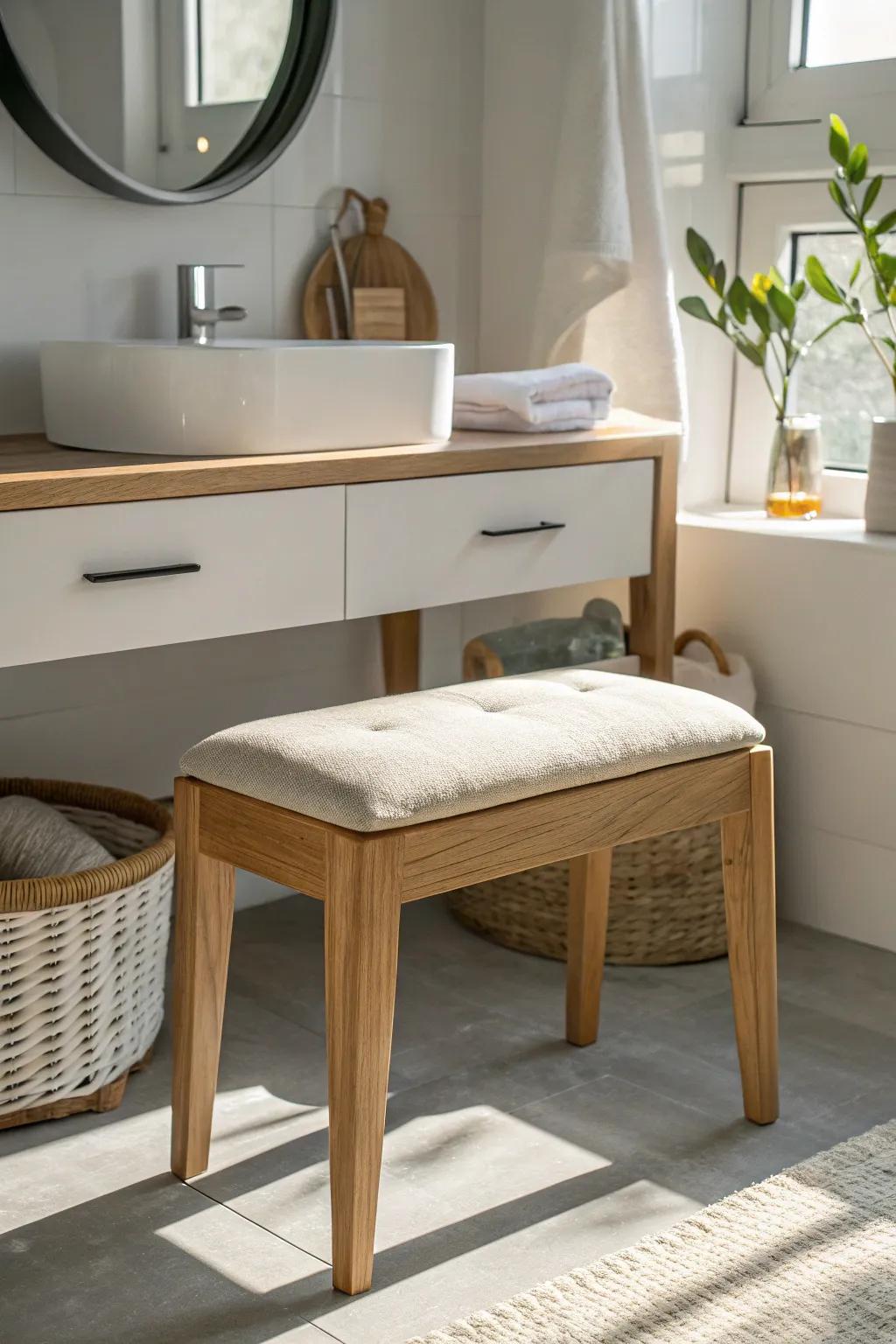 A slim oak vanity bench creates a calm get-ready zone—perfect for tiny bathrooms.