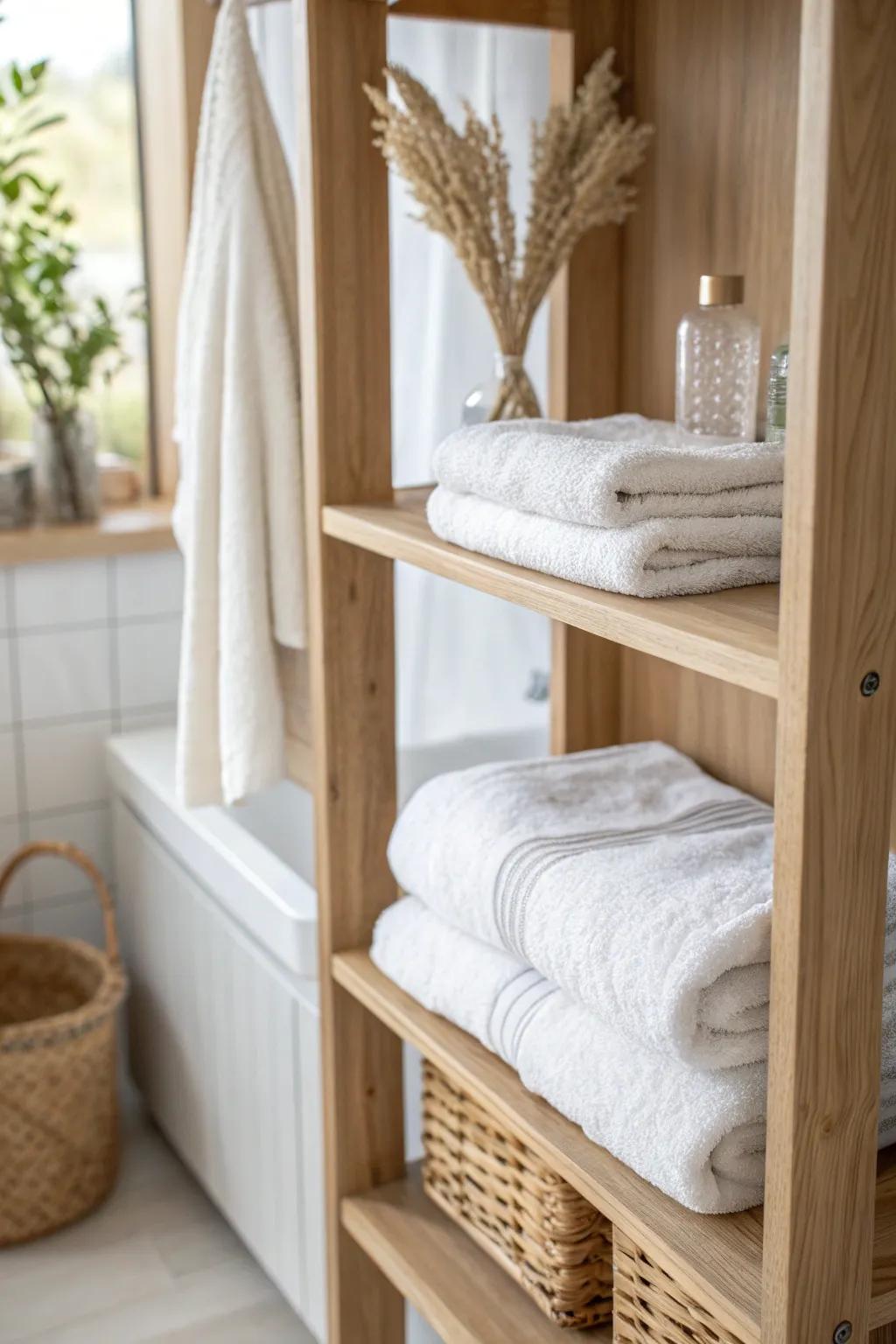 A simple oak shelf divider keeps towel stacks crisp and tidy in a chic doorless bathroom closet.