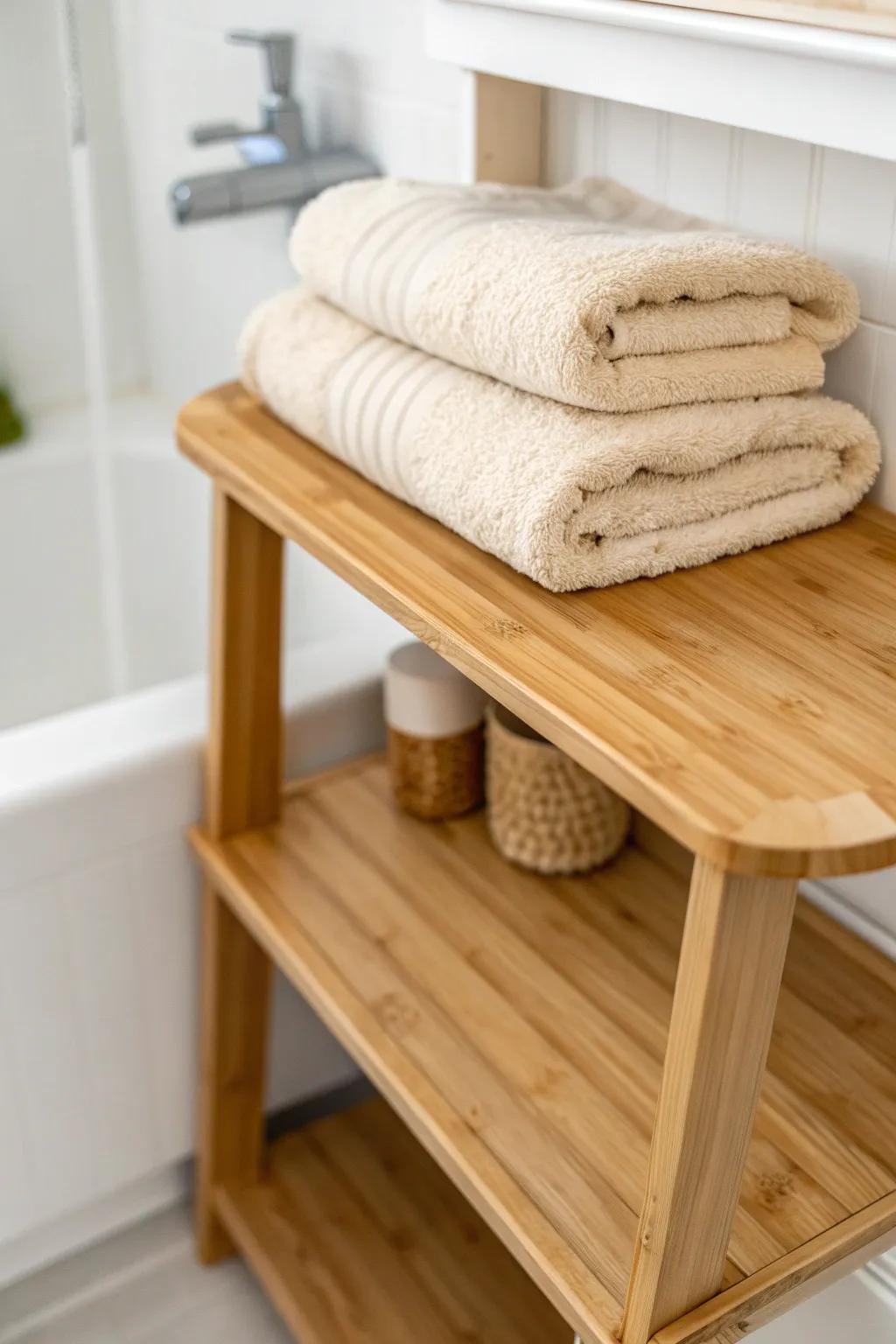 A simple shelf riser doubles your bathroom closet space—no drilling, just vertical magic.