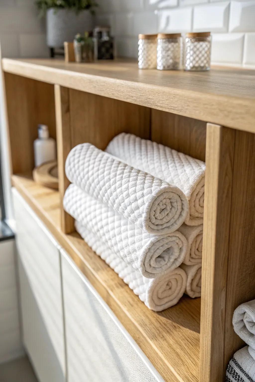 Roll towels into spa-like bundles to make shallow bathroom closet shelves look instantly polished.