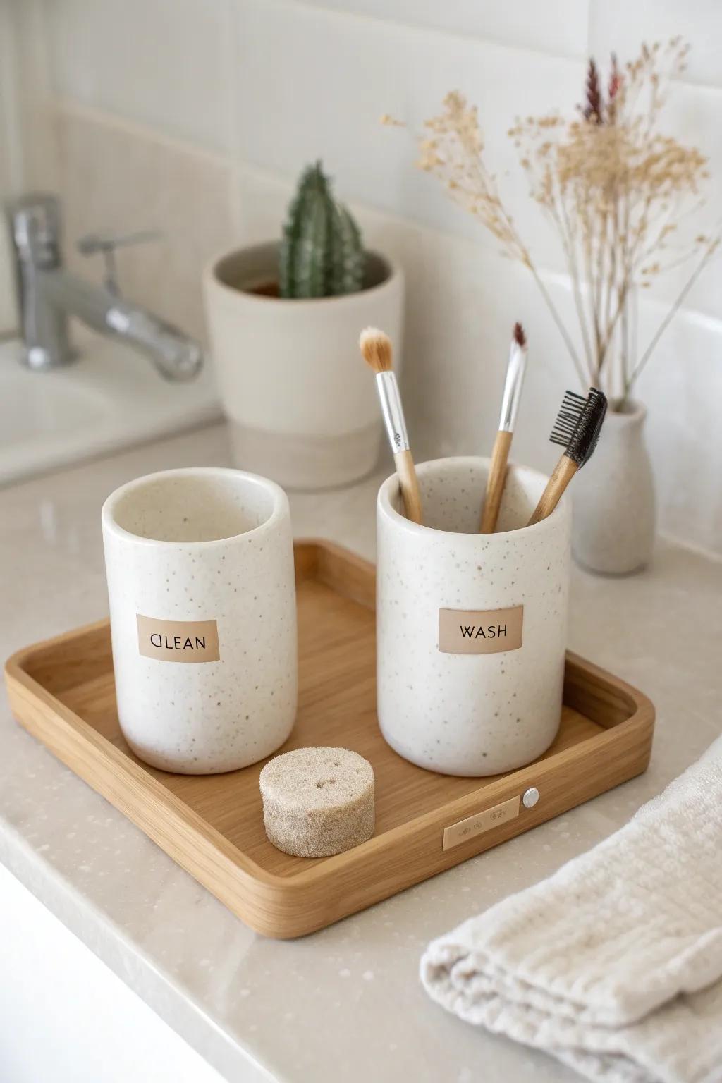 Two simple cups keep brushes and tools tidy—one for clean, one for needs-washing.