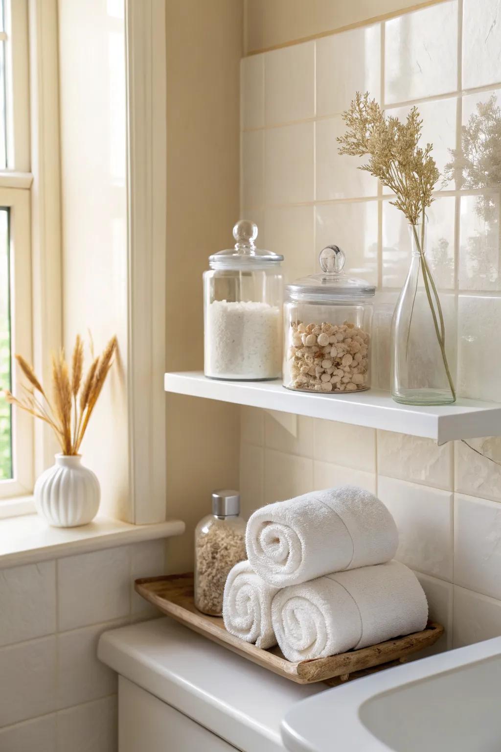 Crisp white floating shelf that blends into the wall—letting jars and fluffy towels shine.