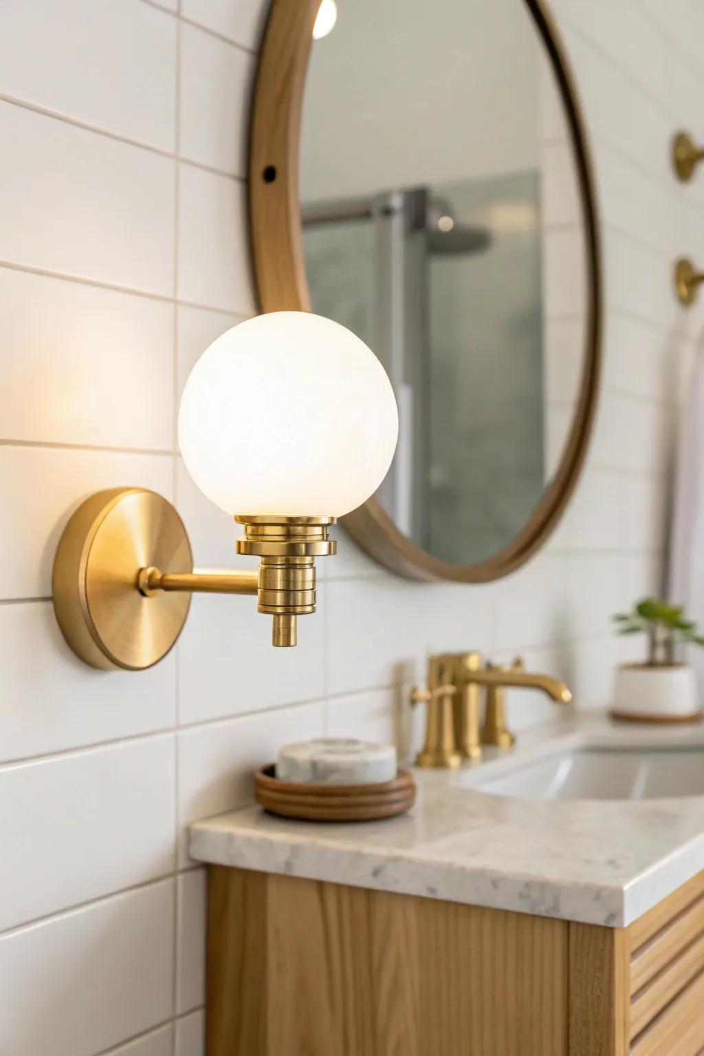 Warm brass sconce glow: a simple upgrade that makes your mirror corner feel instantly cozy.