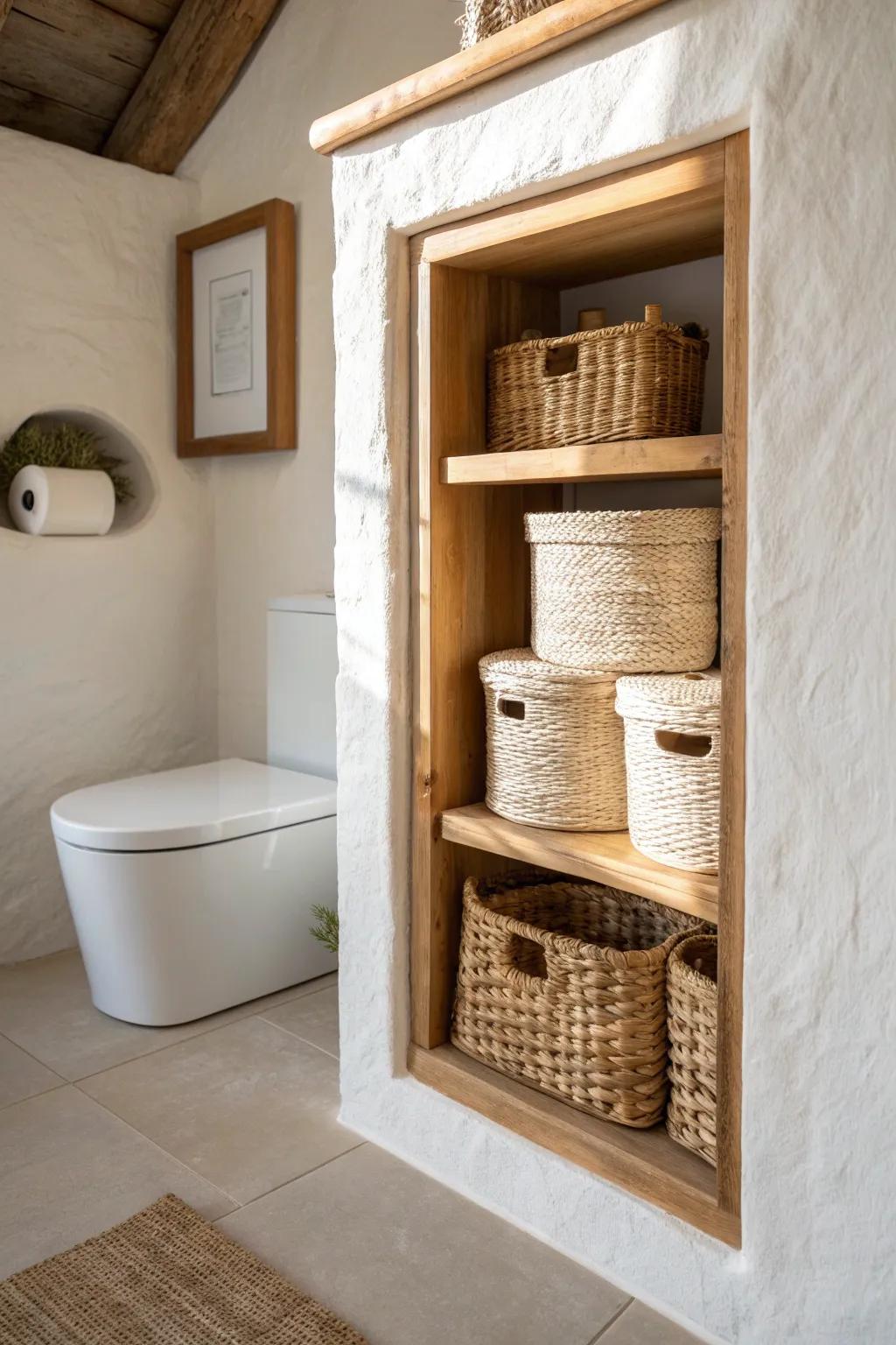 Turn that low, awkward corner into a chic toilet paper nook with warm woven baskets.