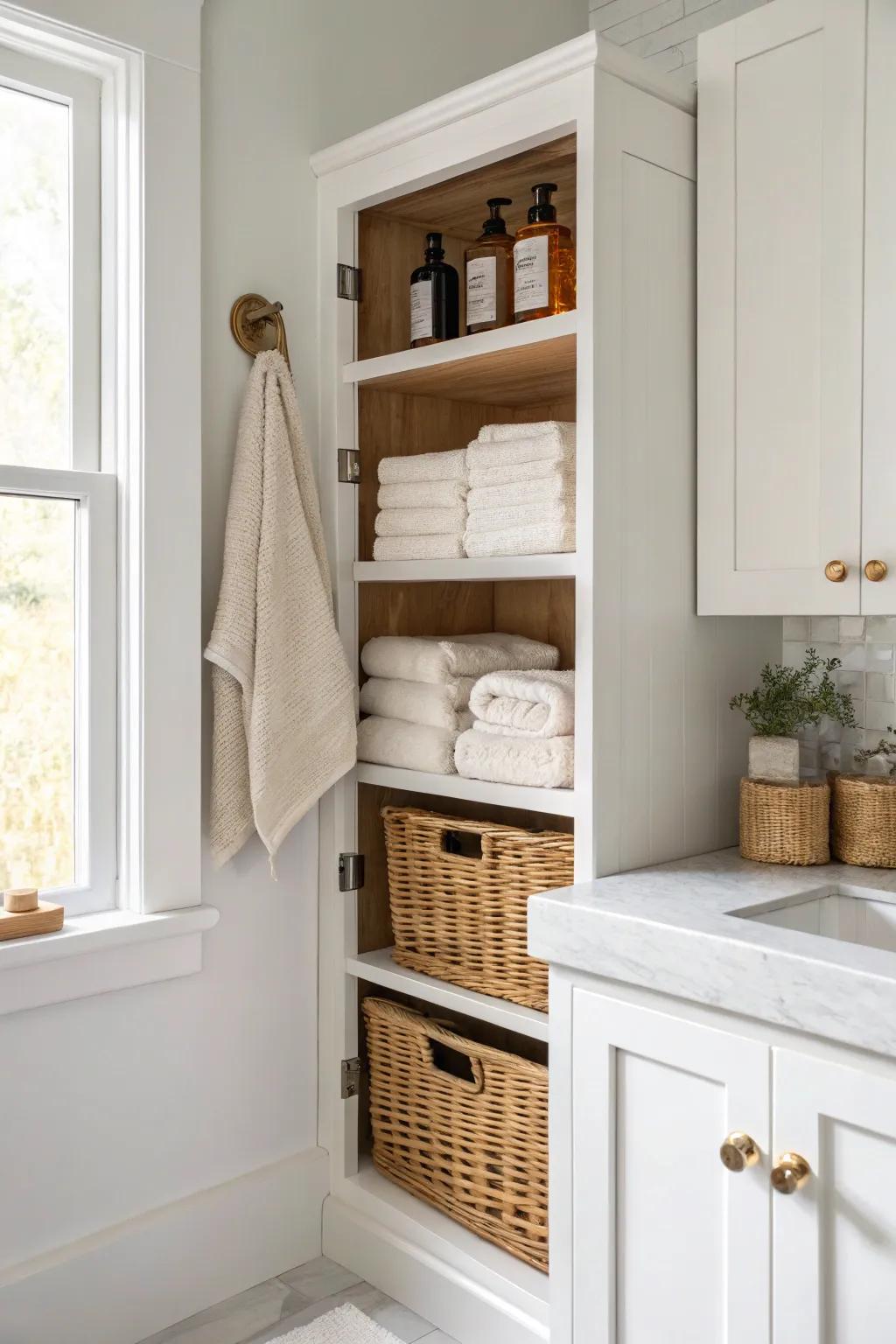 A recessed wall pantry cabinet adds hidden storage without stealing an inch of bathroom space.