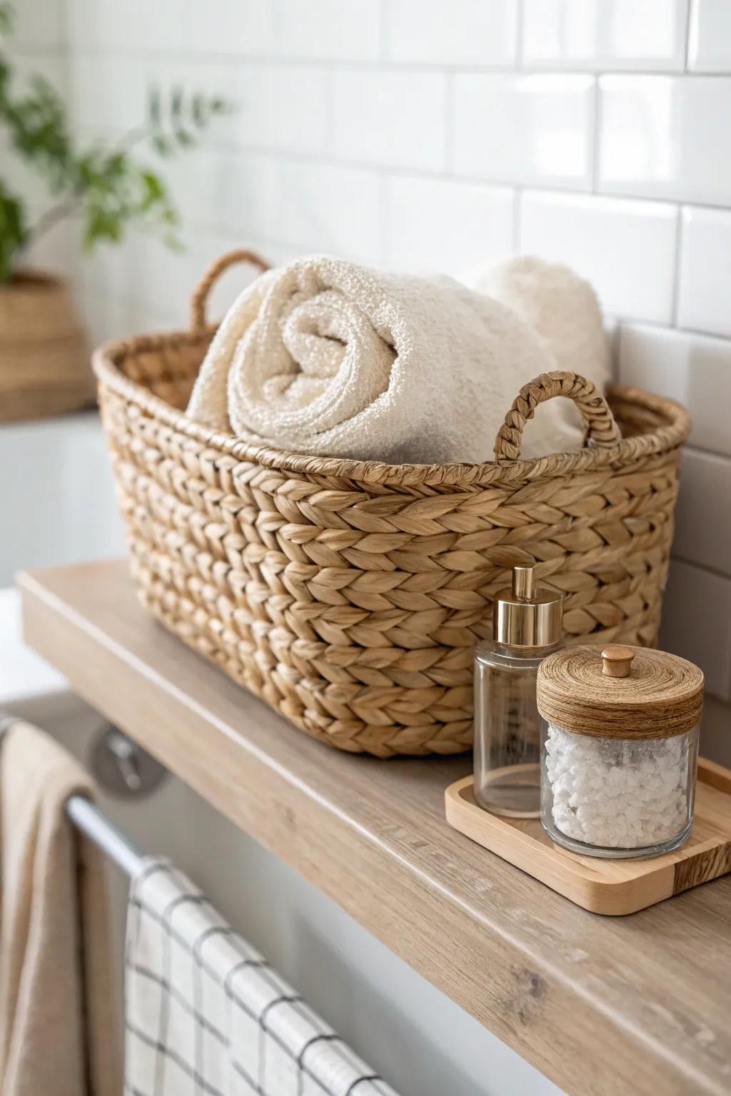 Mix warm wood, woven baskets, smooth jars, and soft towels for a cozy, designer shelf.
