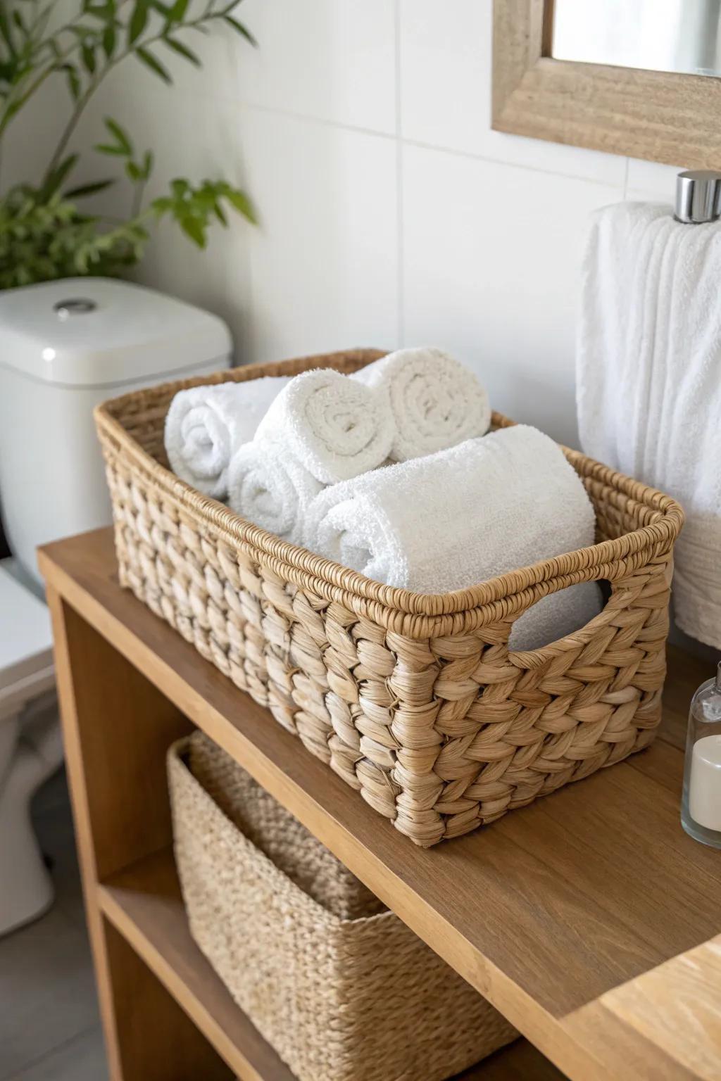 A rectangular rattan basket of guest towels on an over-toilet shelf—tidy, warm, space-smart.
