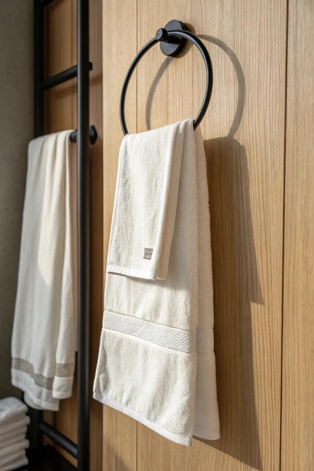 Pocket-fold towel styling: a chic space-saving display that looks boutique-level on a towel ring.
