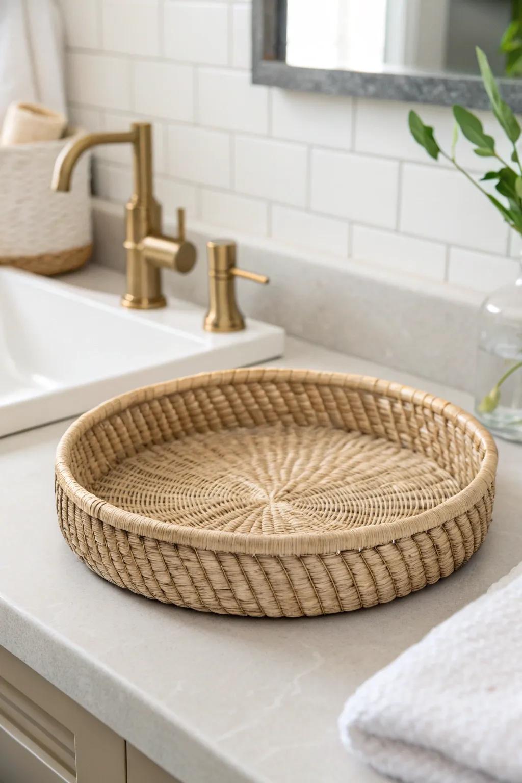A woven tray warms up cold tile fast—soft texture, clean lines, cozy small-bath charm.