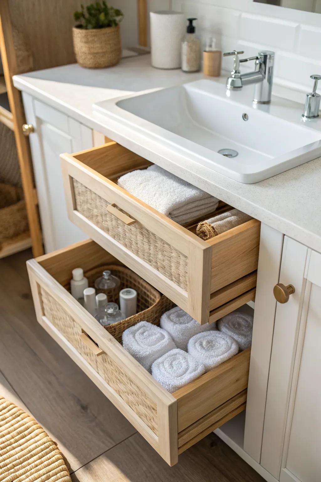 Turn awkward under-sink pipes into a divider with slim U-shaped bins for a tidy vanity.