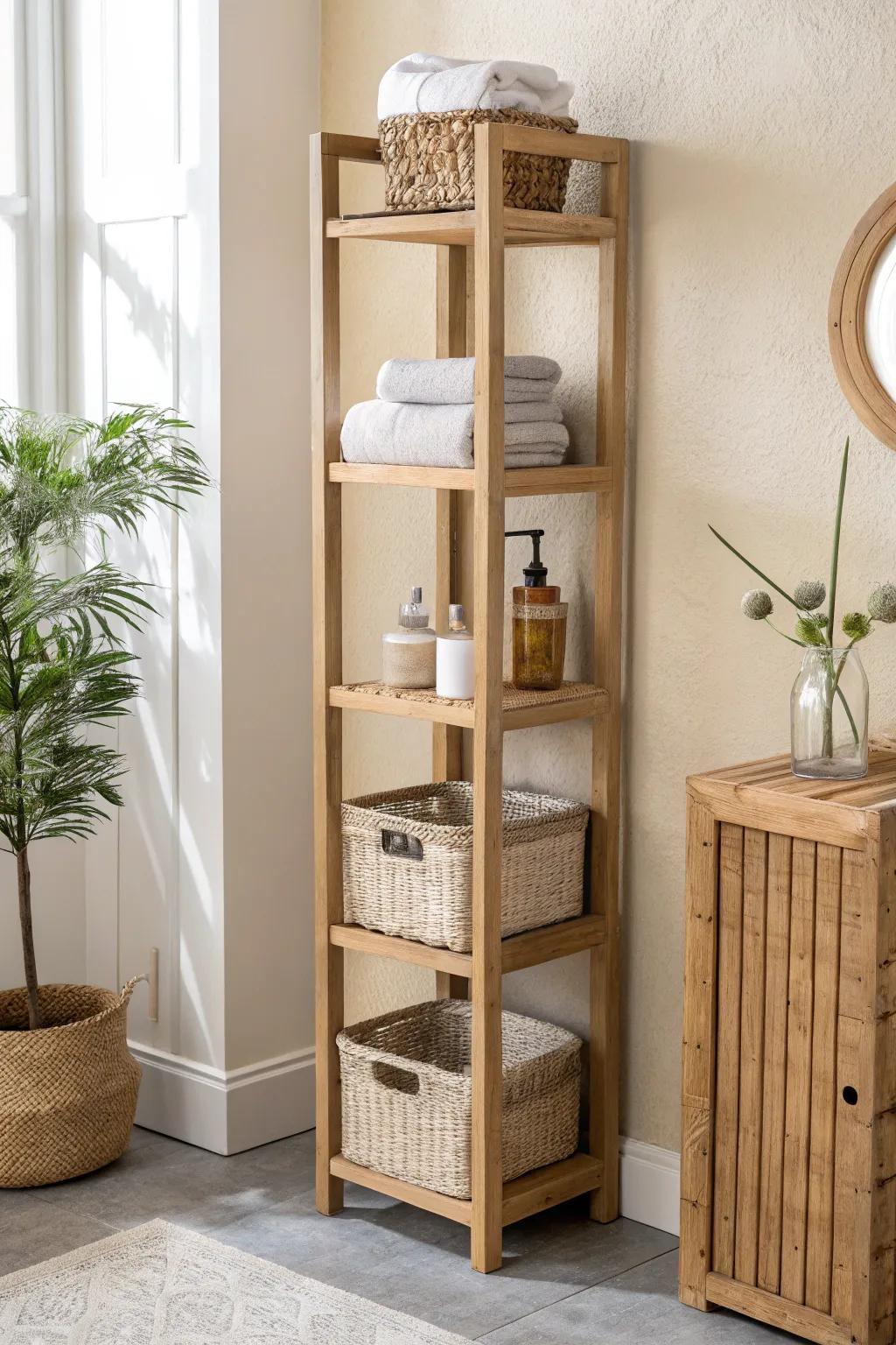 A slim open-shelf vanity tower with matching bins—styled storage that speeds up mornings.
