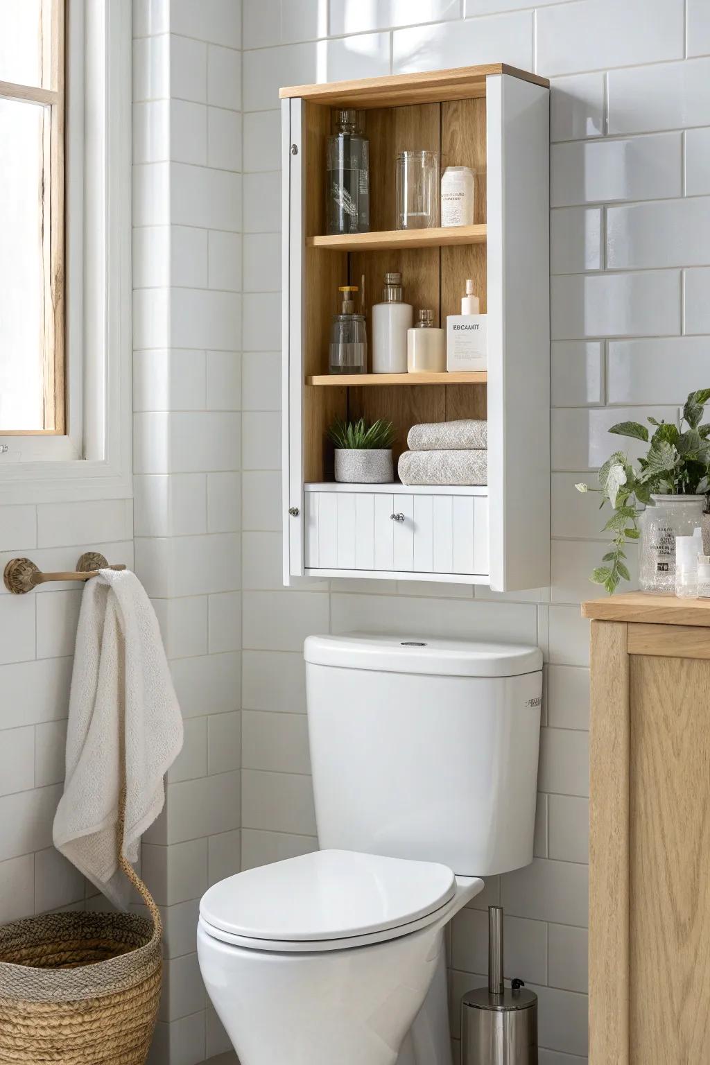 Over-the-toilet wall cabinet in light oak—beautiful hidden storage for a clutter-free small bath.