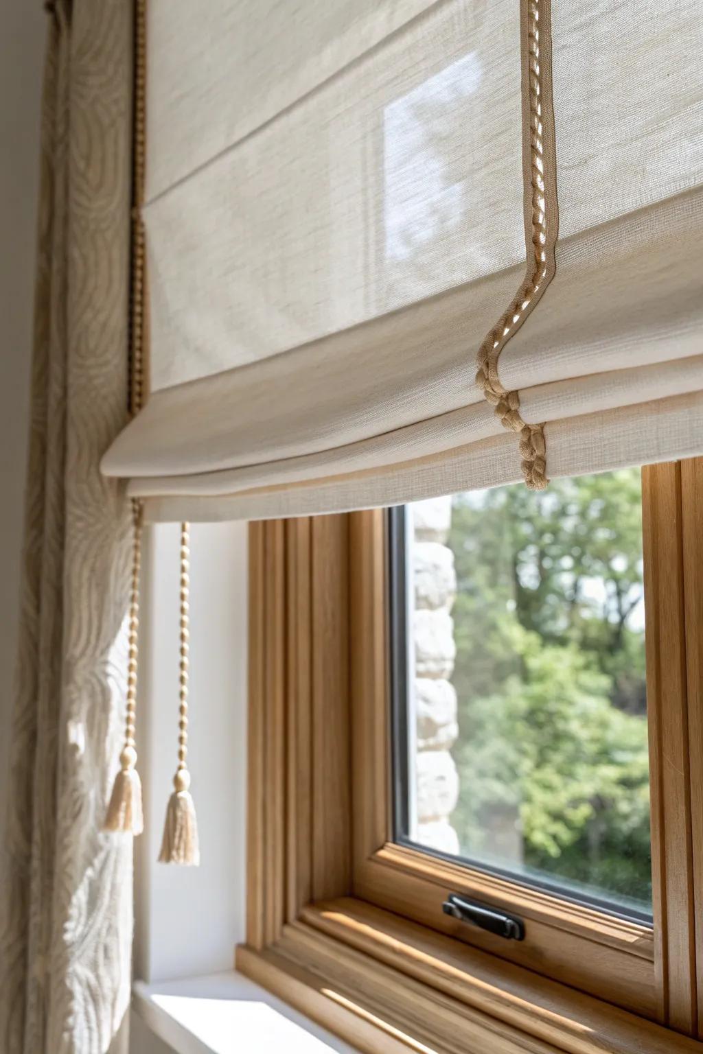 Linen Roman shade per bay pane—crisp, space-smart, and perfect for angled windows.