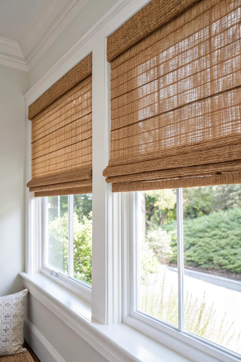 Woven wood bay-window shade with privacy liner—warm texture without sacrificing seclusion.