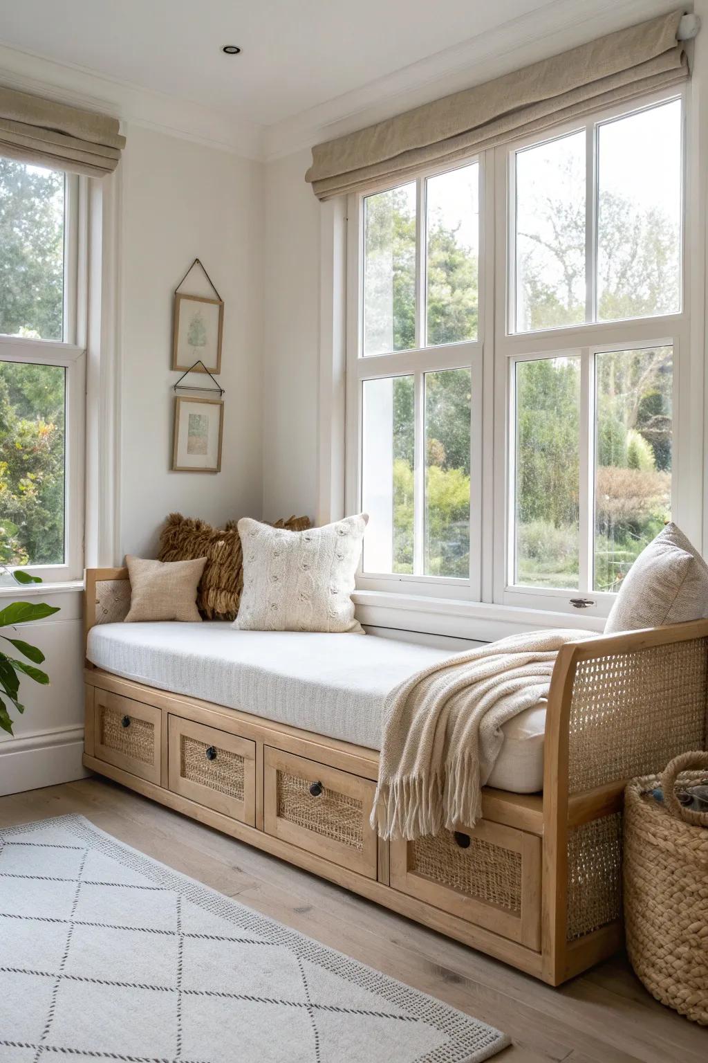 Daybed-deep bay window bench with hidden drawers—luxury lounging with smart, tidy storage.