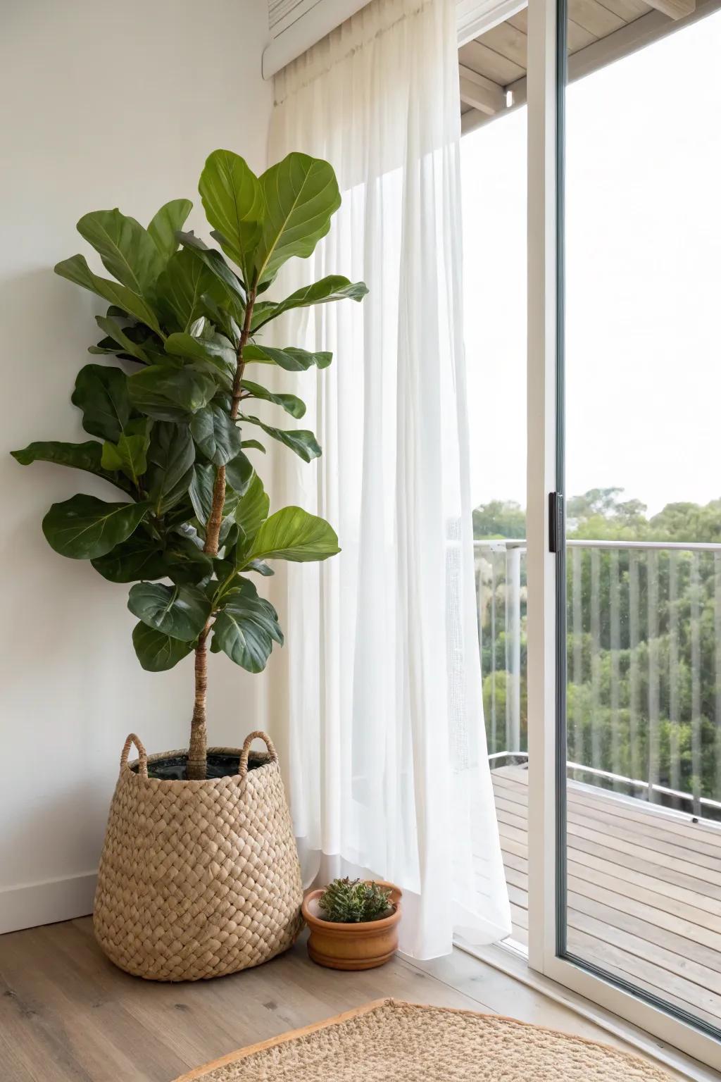 A single tall plant can act as a lush privacy screen for your bedroom balcony—no clutter needed.