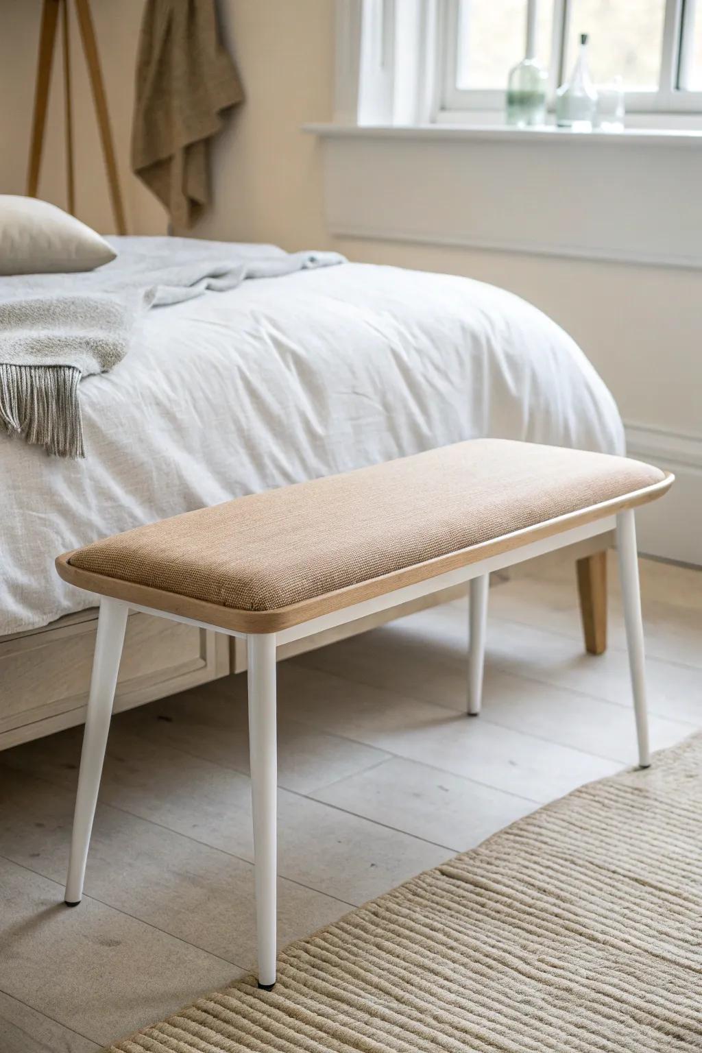 A slim open-leg bench adds airy storage style—perfect for making a small bedroom feel bigger.