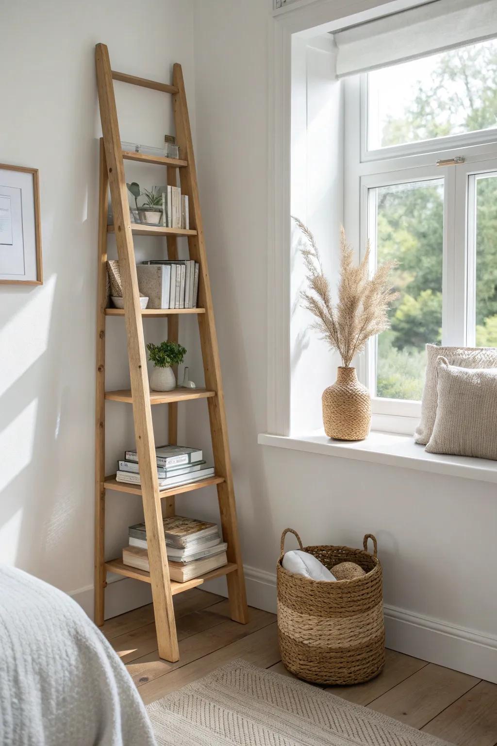 Light, airy corner ladder shelf—perfect for books and decor in a tiny bedroom nook.