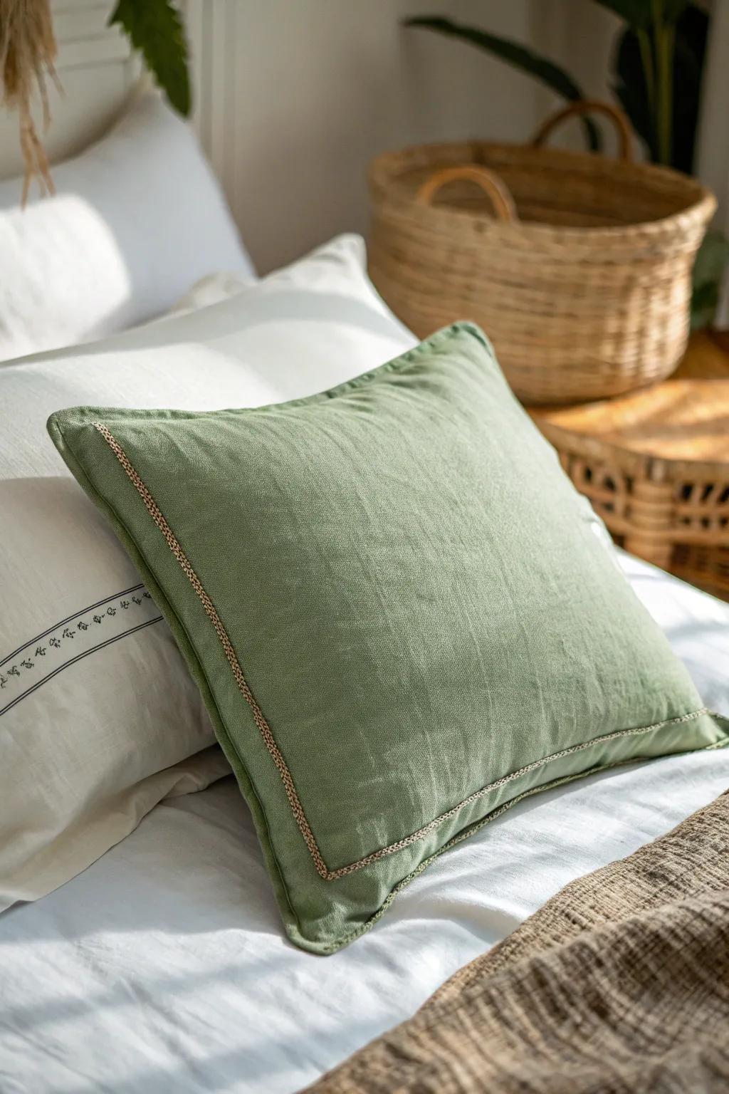 Sage green linen calms a small bedroom—add woven textures for warm, grounded serenity.