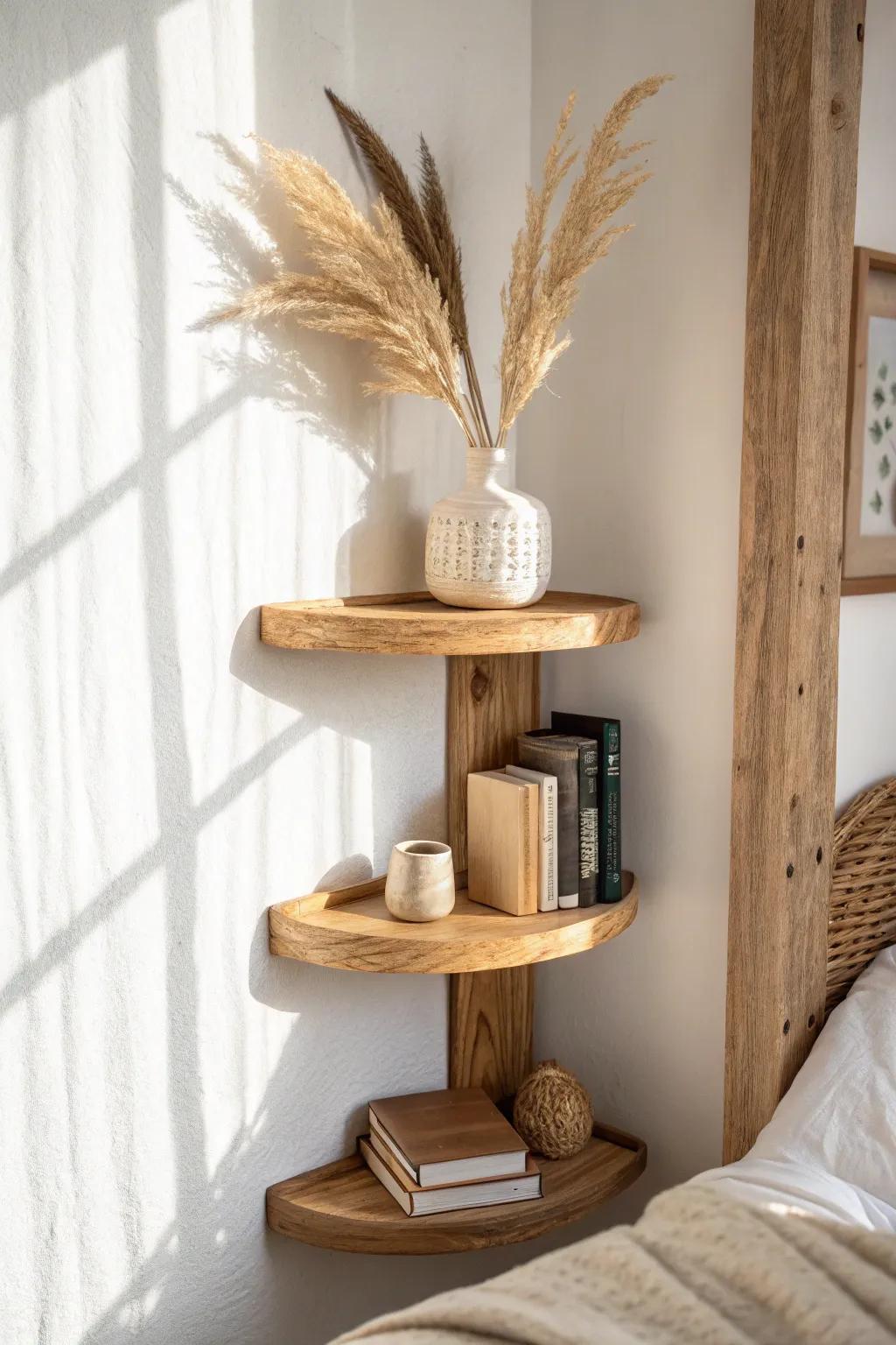 Turn a forgotten corner into a mini library—corner shelves make the coziest reading nook.
