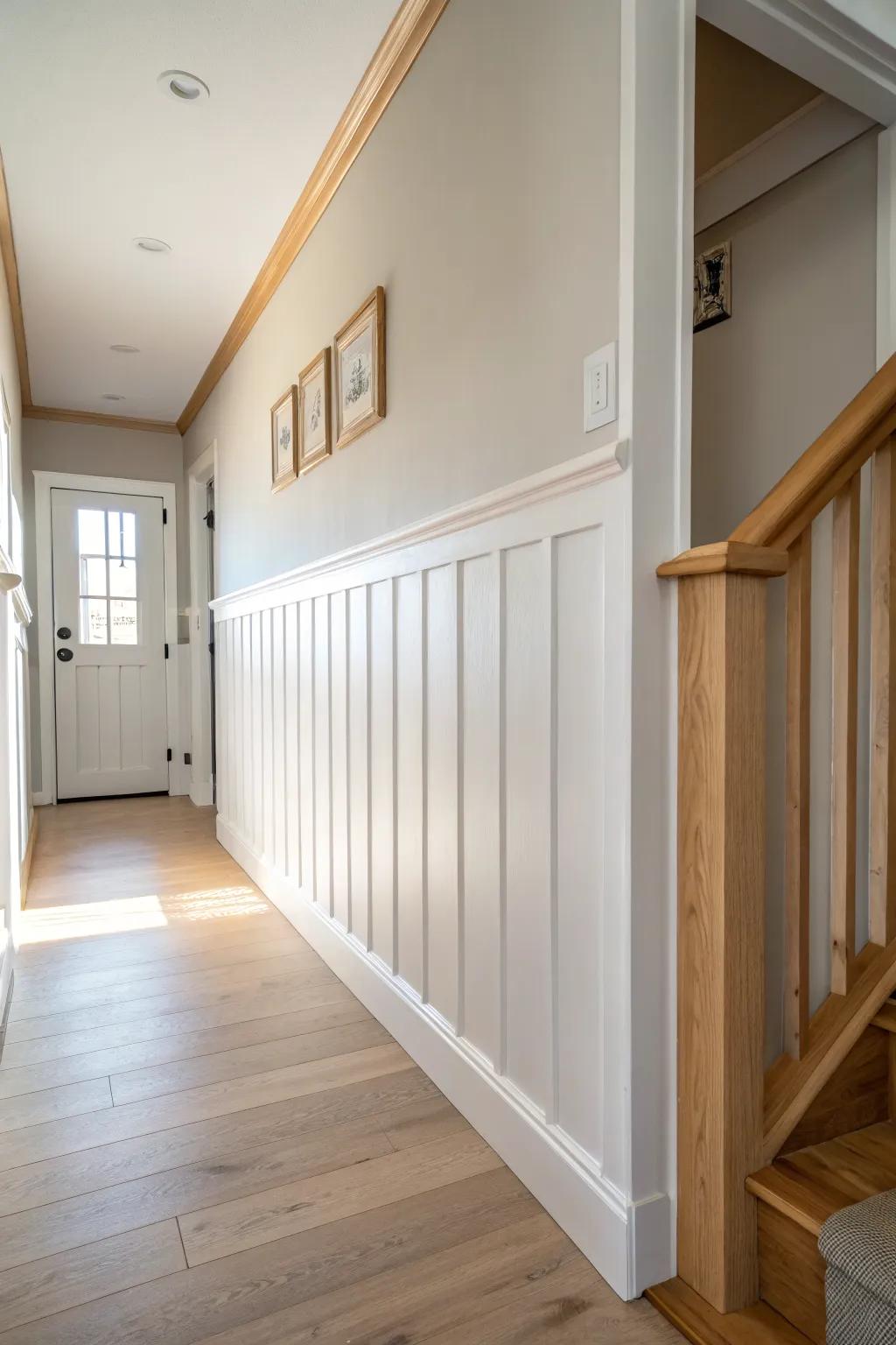 Board-and-batten half-walls add structure and protect hallway walls—minimal, warm, timeless.