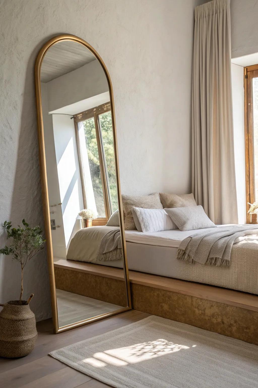 Lean a mirror on your bedroom ledge to bounce light and make the wall feel wider.