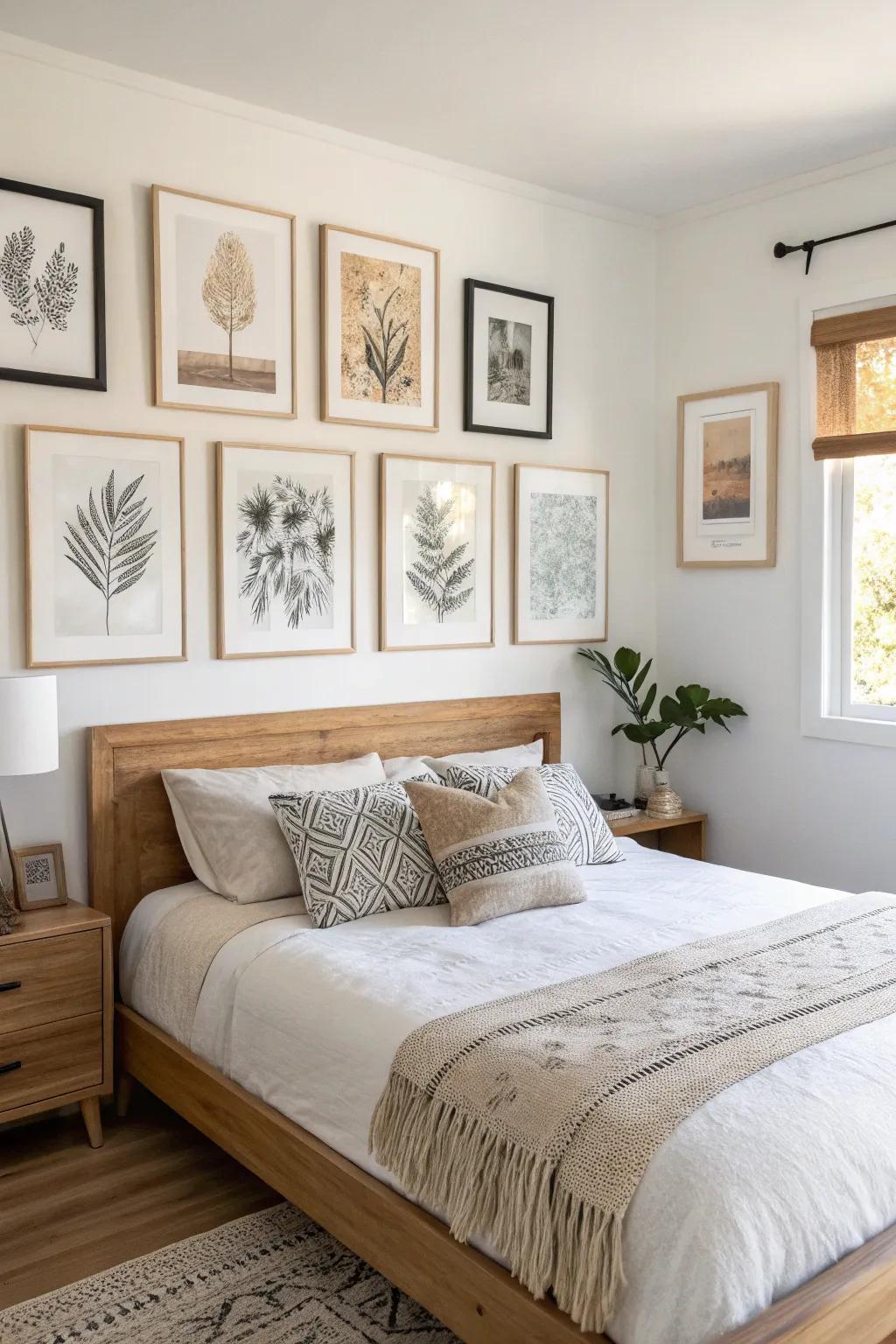 Organic gallery wall mix—varied frames, soft textures, and airy spacing above the headboard.