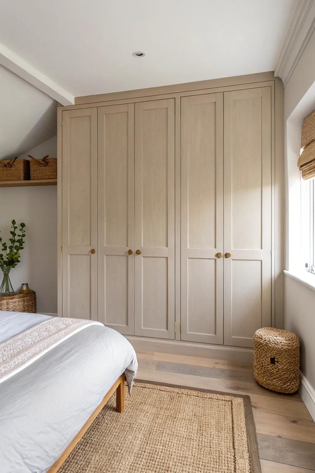 Soft greige wardrobes that match the wall make small bedrooms feel calm and spacious.
