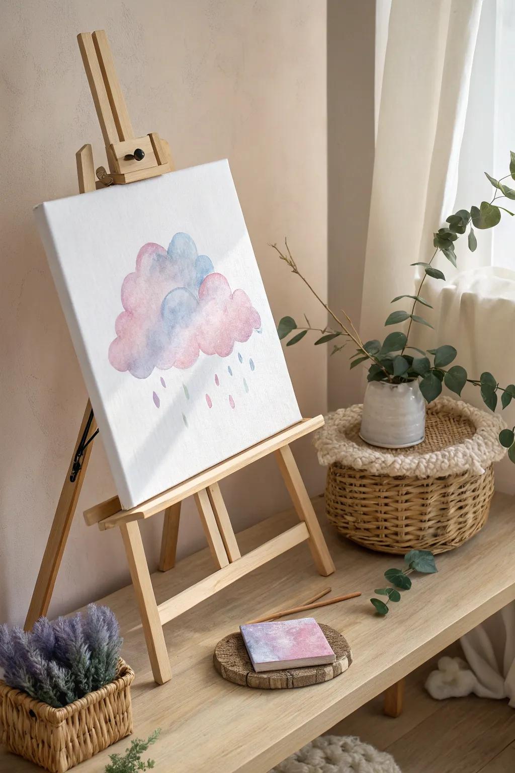 Capture tranquility and whimsy with this dreamy cloud painting in soft pastels—perfect for a serene artistic touch.
