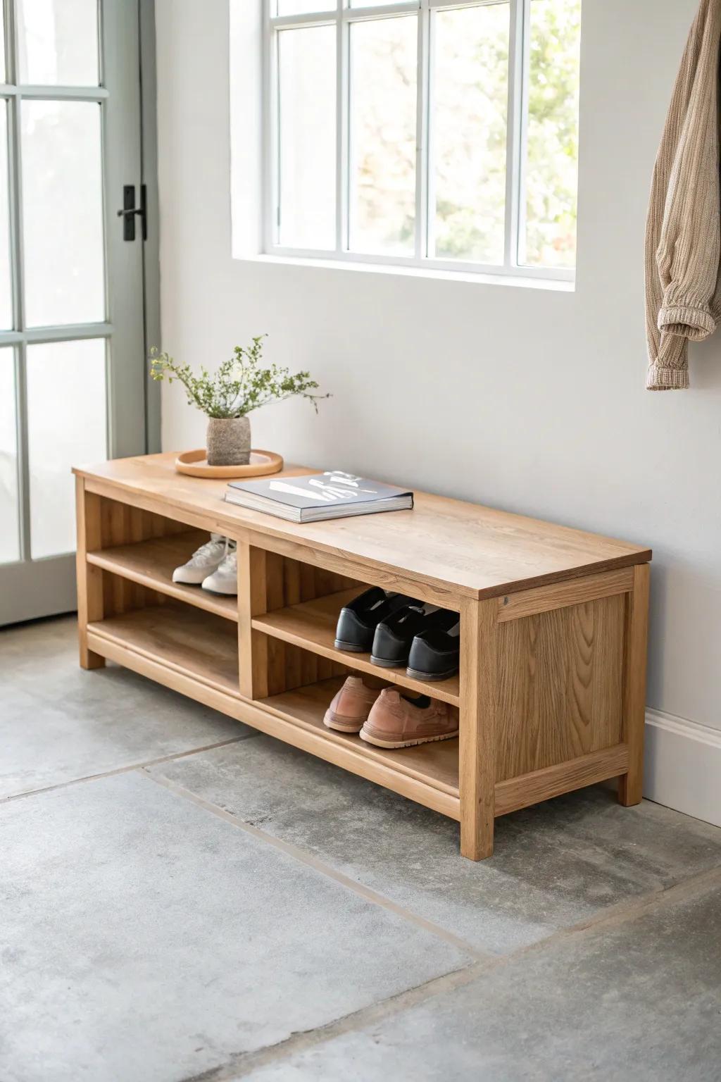 Open-cubby entry bench that keeps shoes tidy and the seat clear—minimal, warm, and airy.