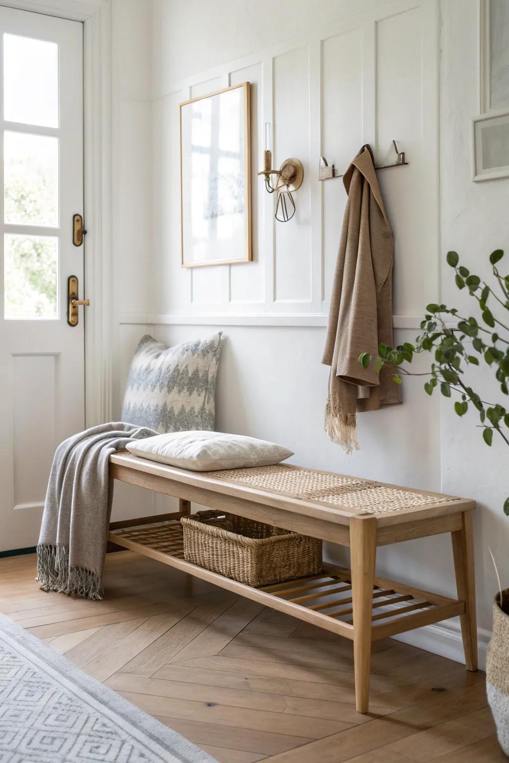 A seamless entryway bench that keeps shoes and bags contained—without breaking the living room look.