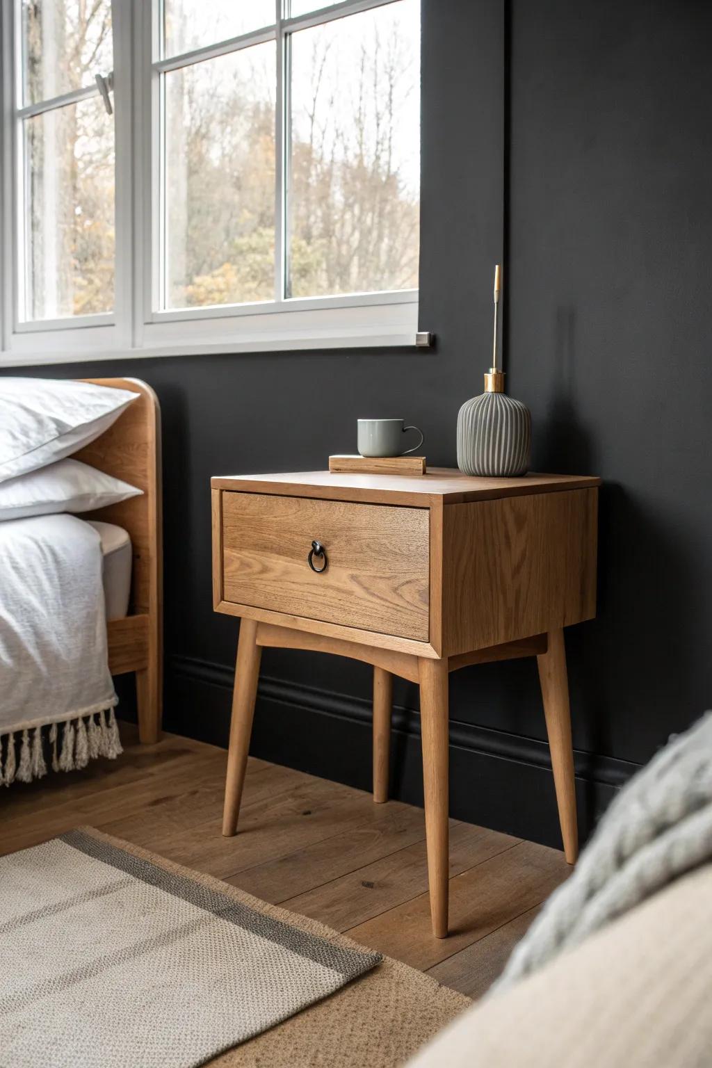 A warm oak nightstand softens matte black walls—small-space cozy with minimalist charm.