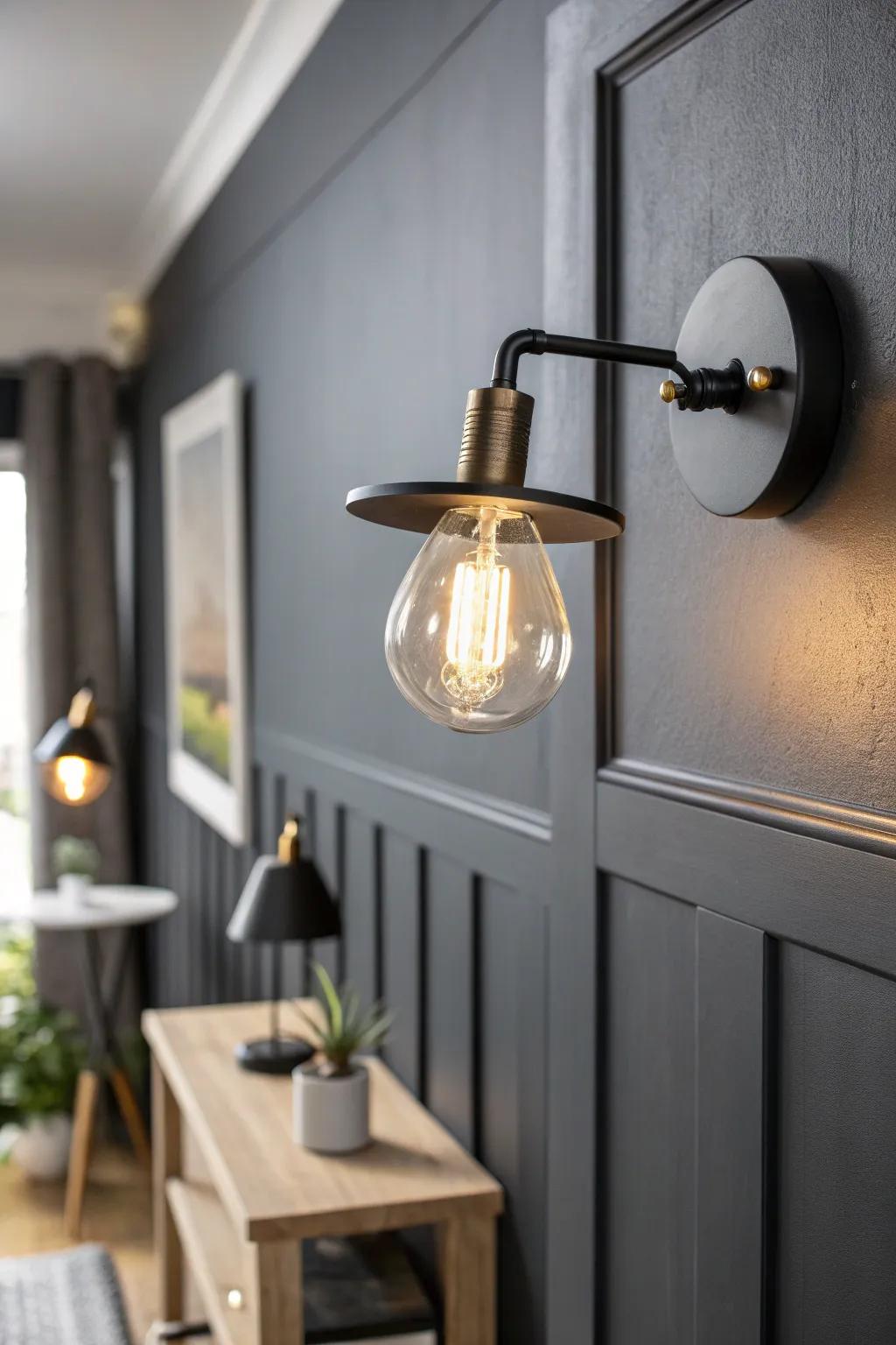 Layered lighting makes a black hallway feel cozy—let a warm sconce lead, with lamp glow behind.